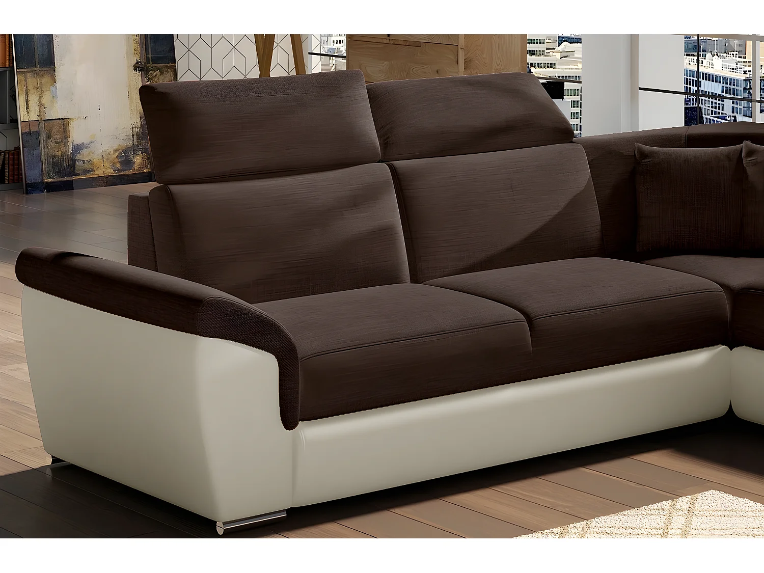 Canapé d'angle - convertible - FELIPE - en tissu chocolat et simili cuir écru, 5/6 places