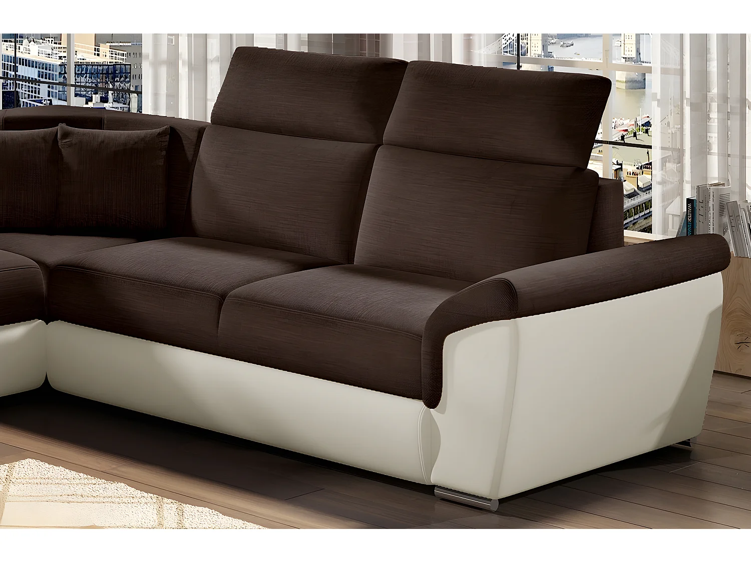 Canapé d'angle - convertible - FELIPE - en tissu chocolat et simili cuir écru, 5/6 places