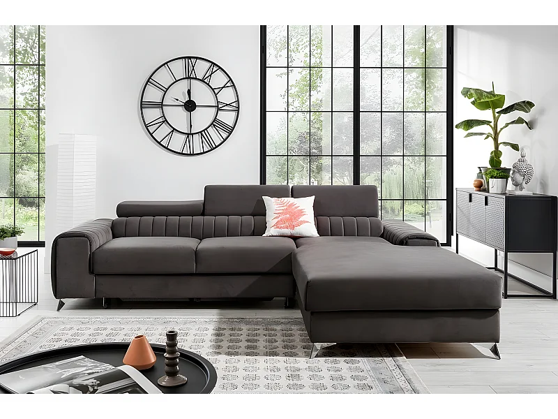 Canapé d'angle convertible en tissu velours Luxe, chocolat, 5 places, angle droit (vu de face), GRECE VELOURS