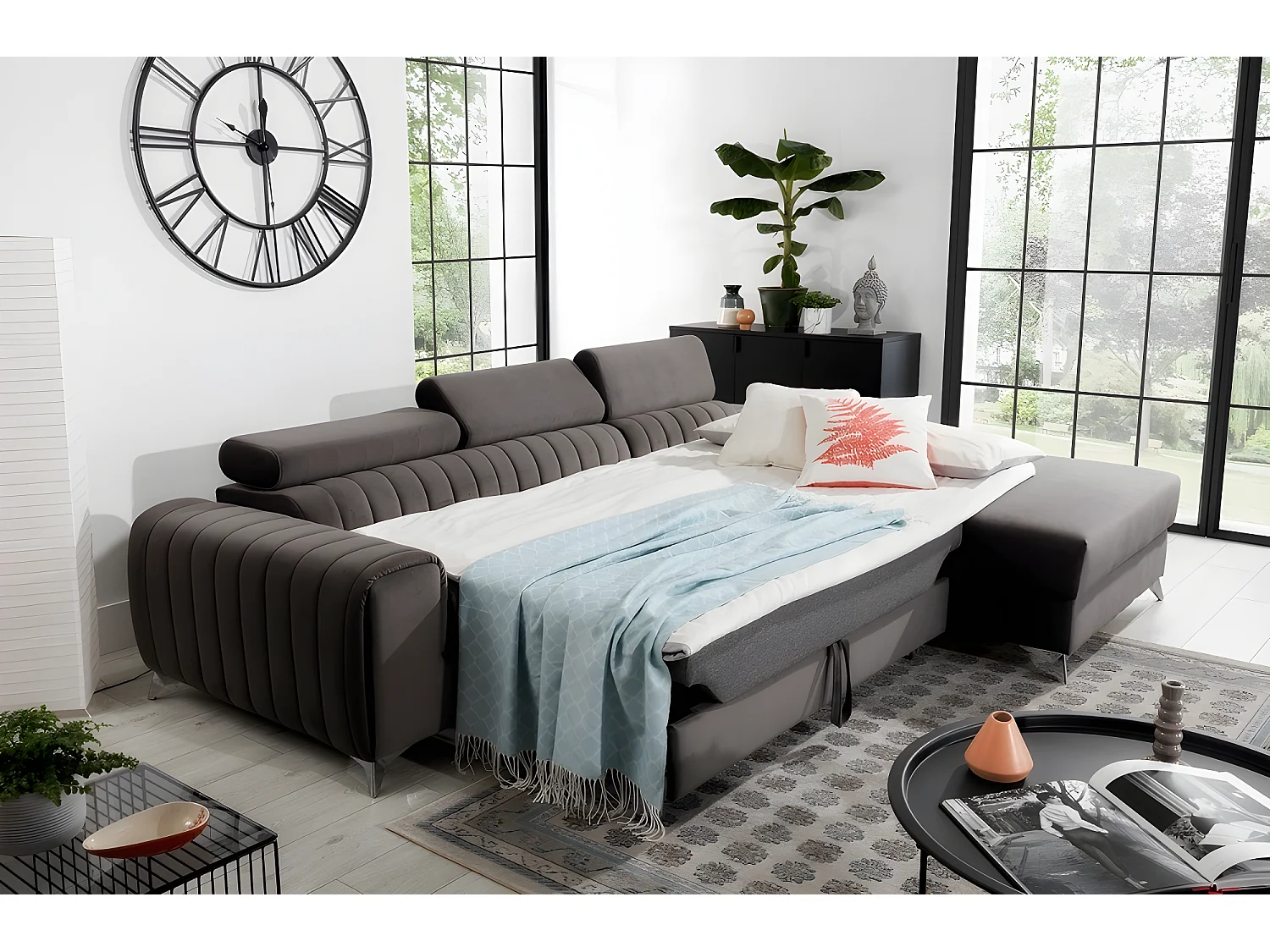 Canapé d'angle convertible en tissu velours Luxe, chocolat, 5 places, angle droit (vu de face), GRECE VELOURS