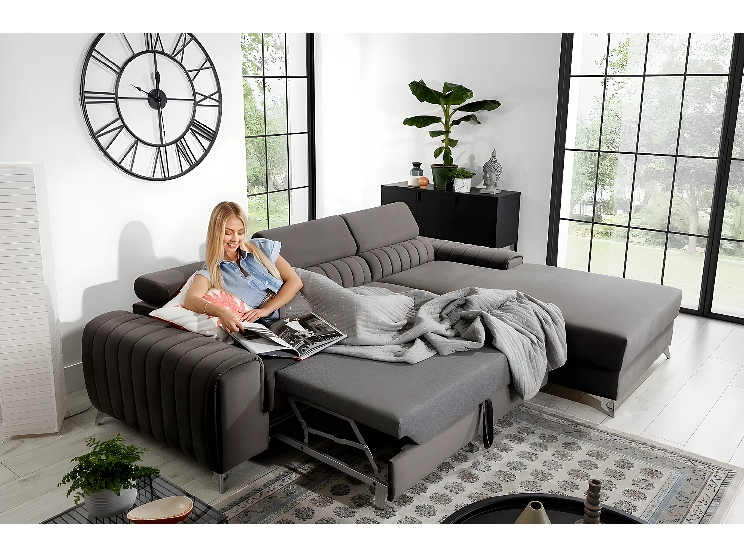 Canapé d'angle convertible en tissu velours Luxe, chocolat, 5 places, angle droit (vu de face), GRECE VELOURS