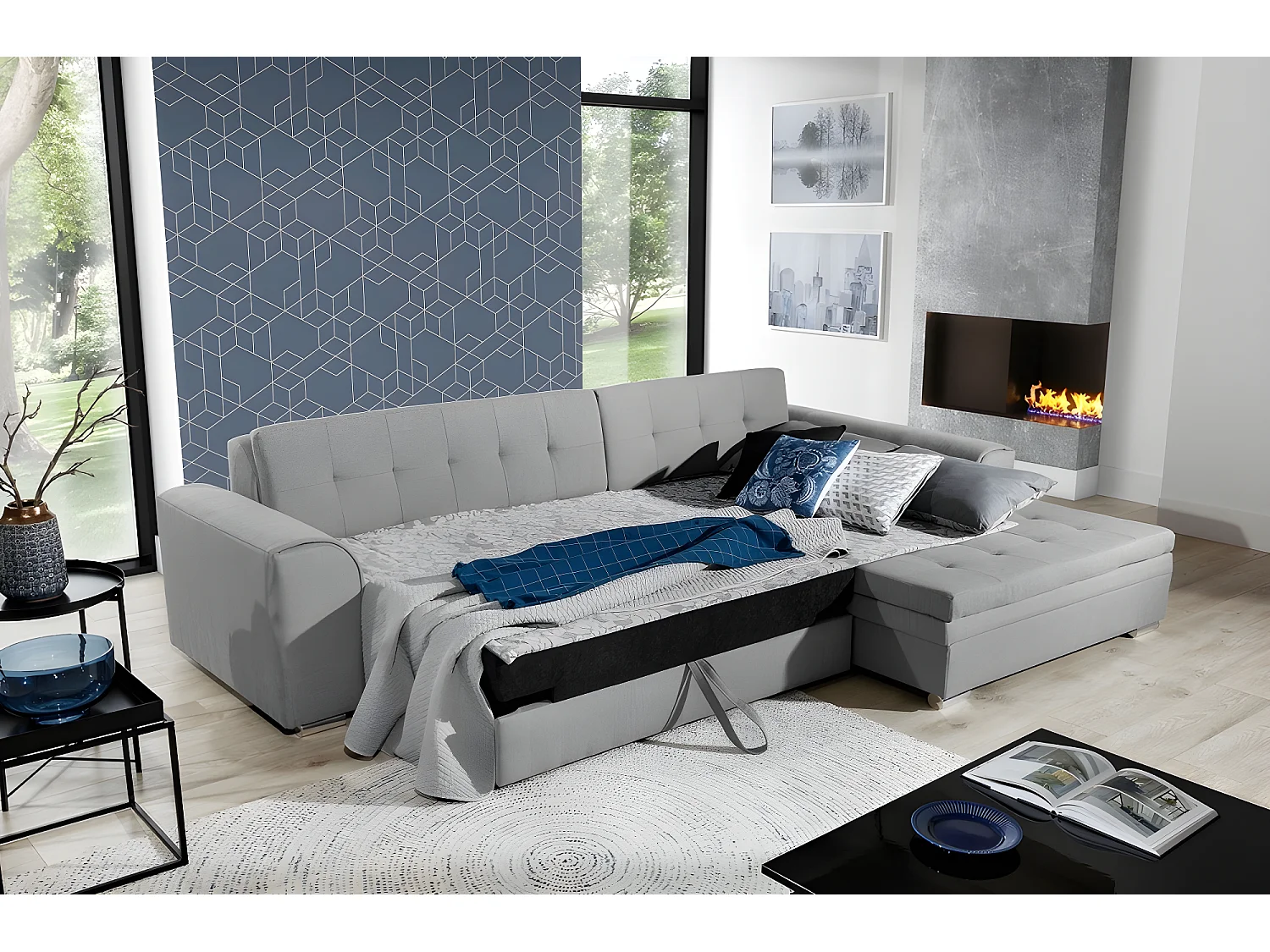 Canapé d'angle convertible - SOHO - en tissu de qualité, gris, 5/6 places, angle droit (vu de face)