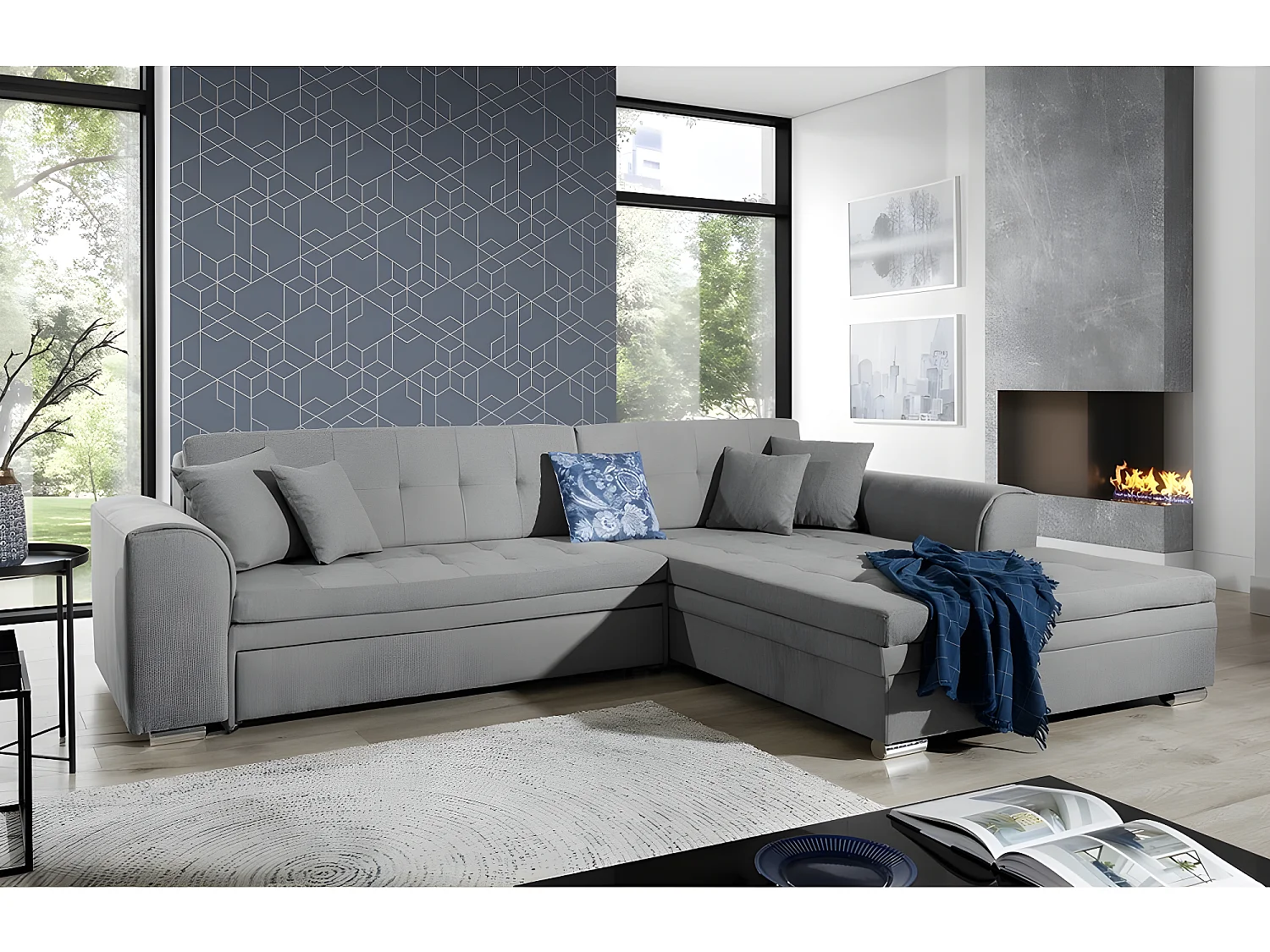 Canapé d'angle convertible - SOHO - en tissu de qualité, gris, 5/6 places, angle droit (vu de face)