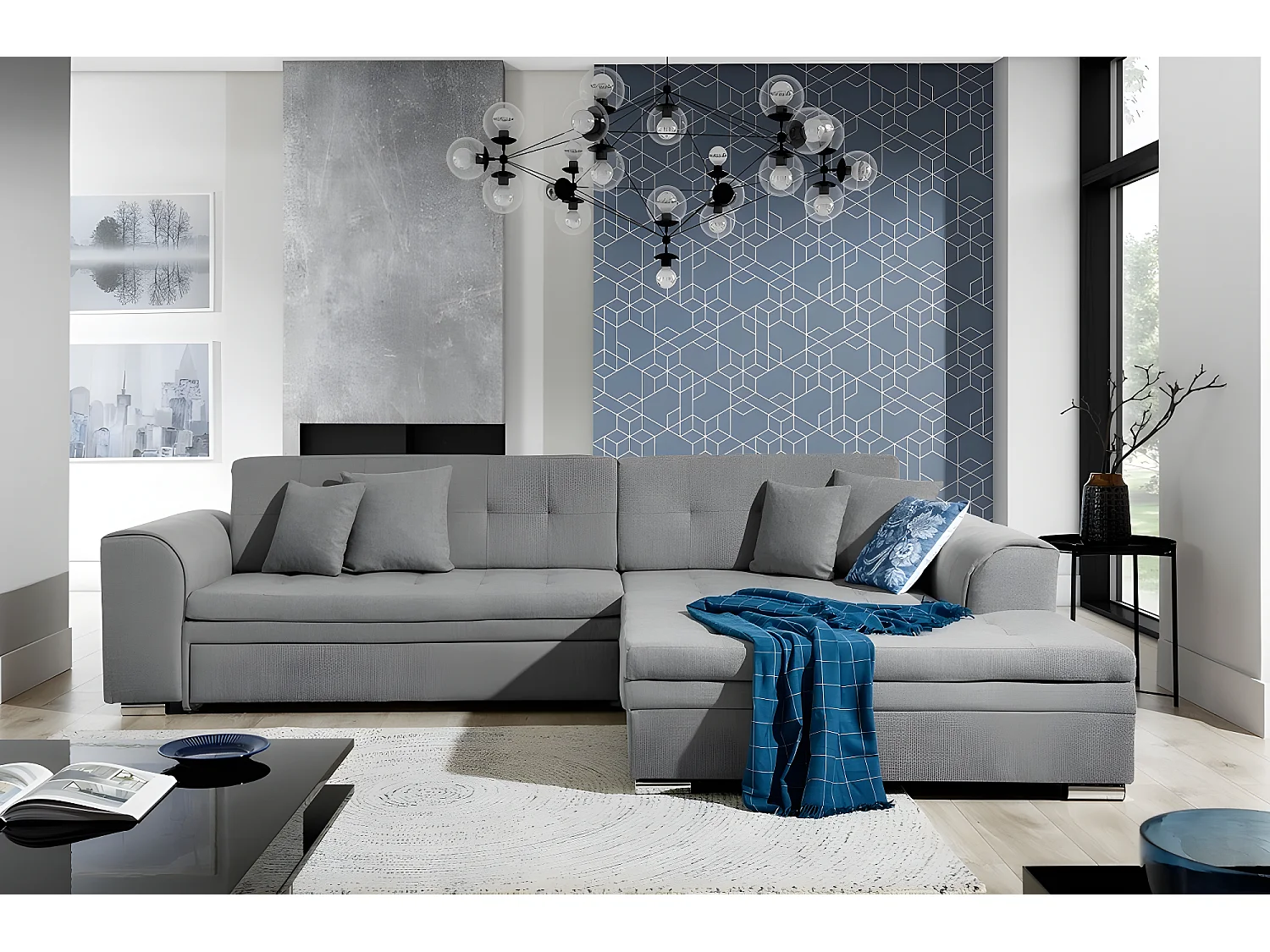 Canapé d'angle convertible - SOHO - en tissu de qualité, gris, 5/6 places, angle droit (vu de face)