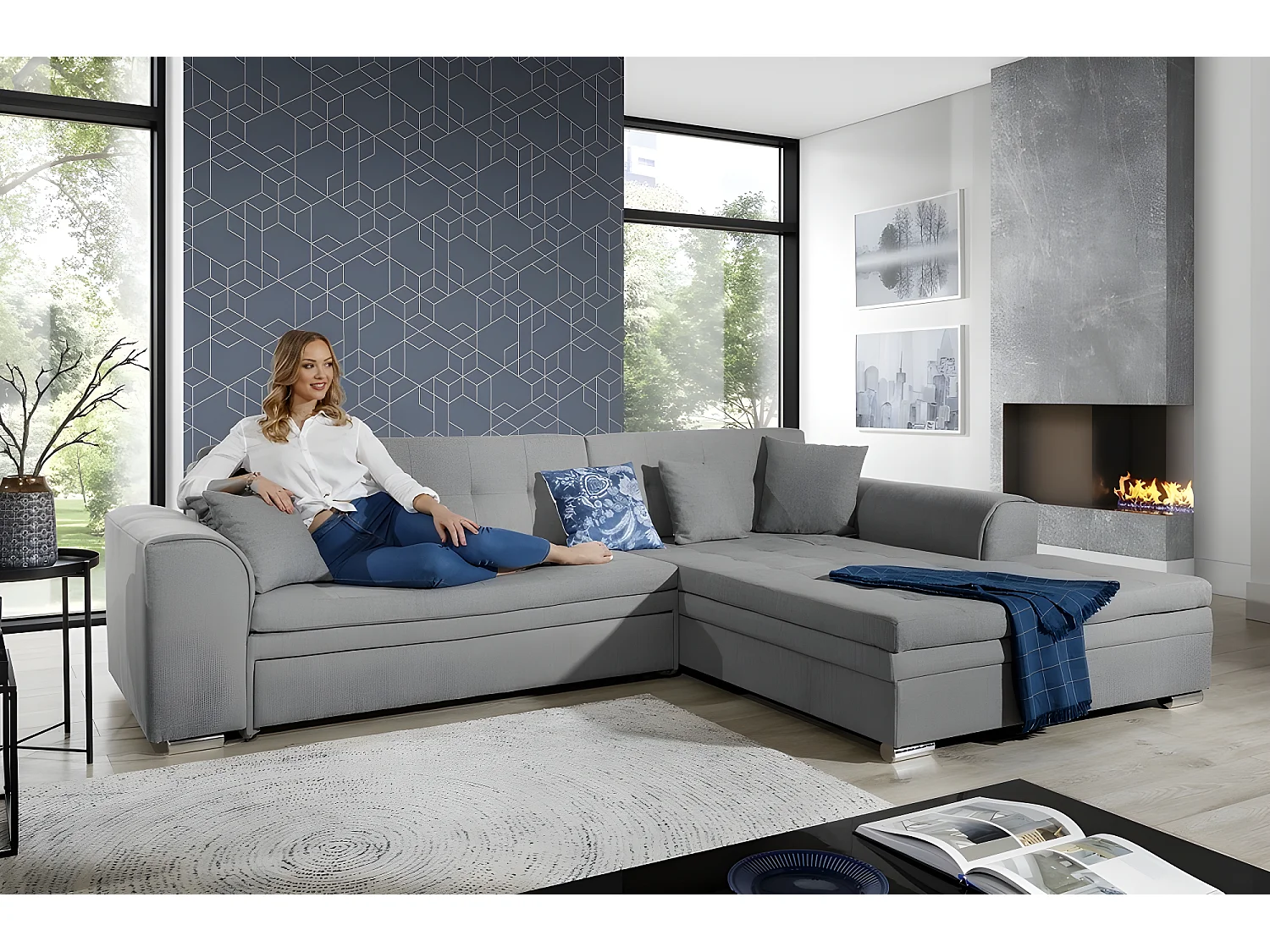 Canapé d'angle convertible - SOHO - en tissu de qualité, gris, 5/6 places, angle droit (vu de face)