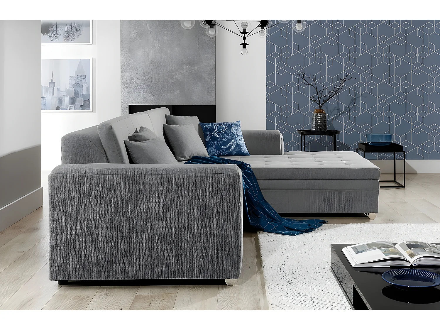 Canapé d'angle convertible - SOHO - en tissu de qualité, gris, 5/6 places, angle droit (vu de face)