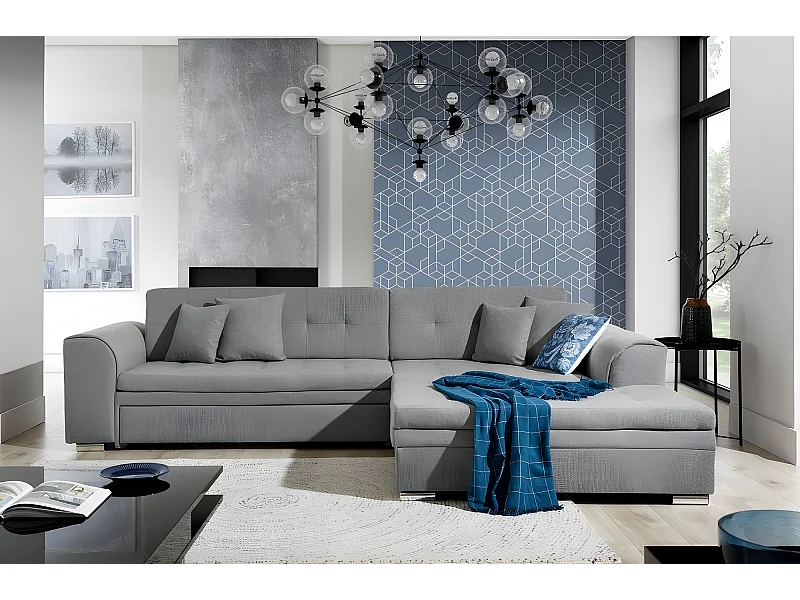 Canapé d'angle convertible - SOHO - en tissu de qualité, gris, 5/6 places, angle droit (vu de face)