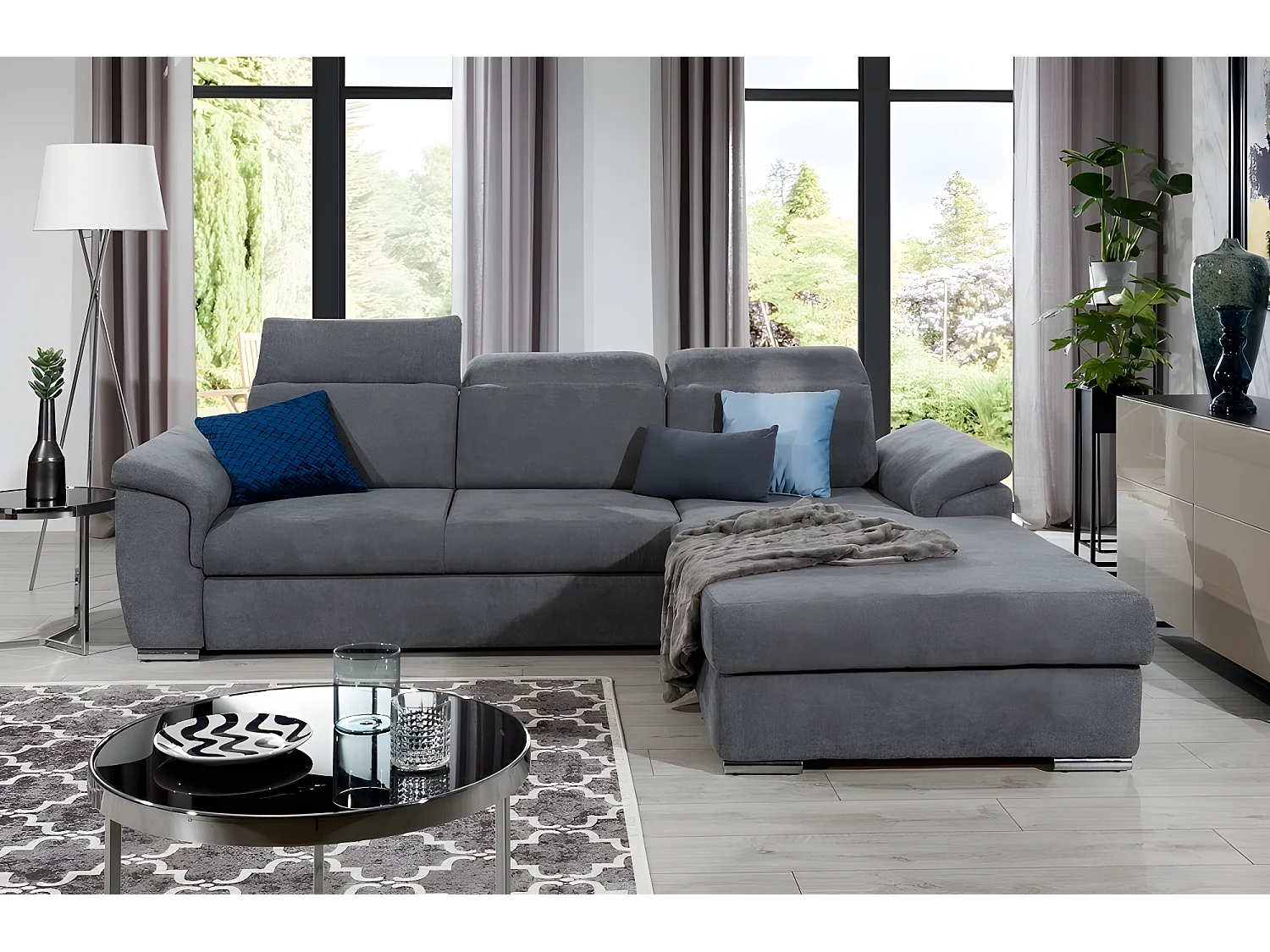 Canapé d'angle convertible en tissu Luxe gris foncé, 5 places, angle droit (vu de face) - TRESOR