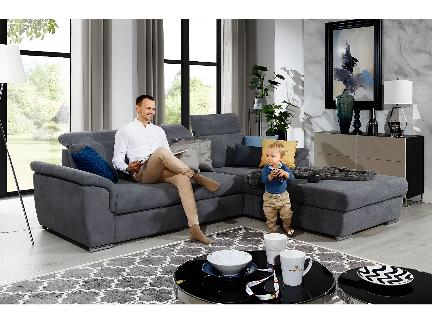 Canapé d'angle convertible en tissu Luxe gris foncé, 5 places, angle droit (vu de face) - TRESOR