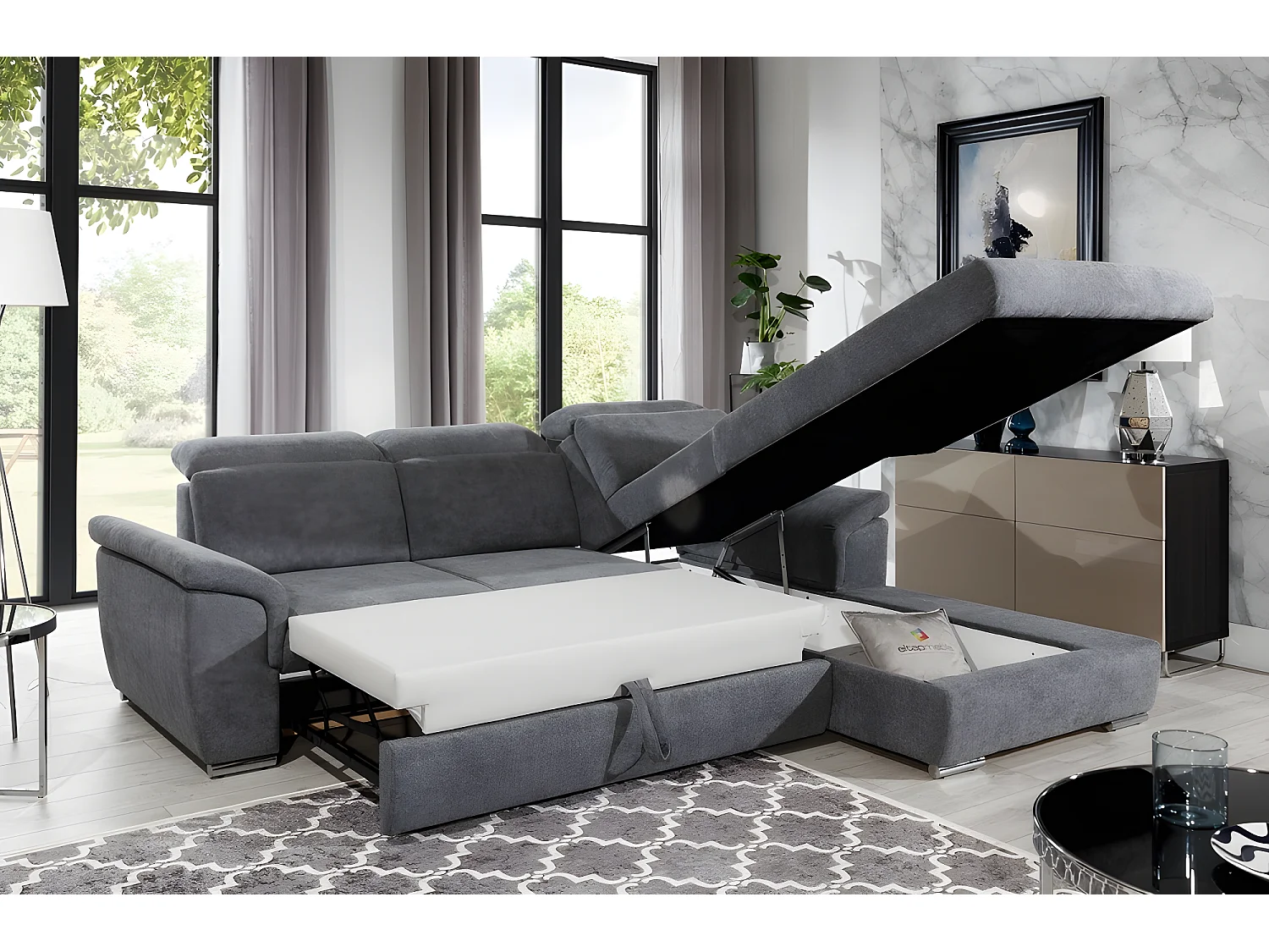 Canapé d'angle convertible en tissu Luxe gris foncé, 5 places, angle droit (vu de face) - TRESOR