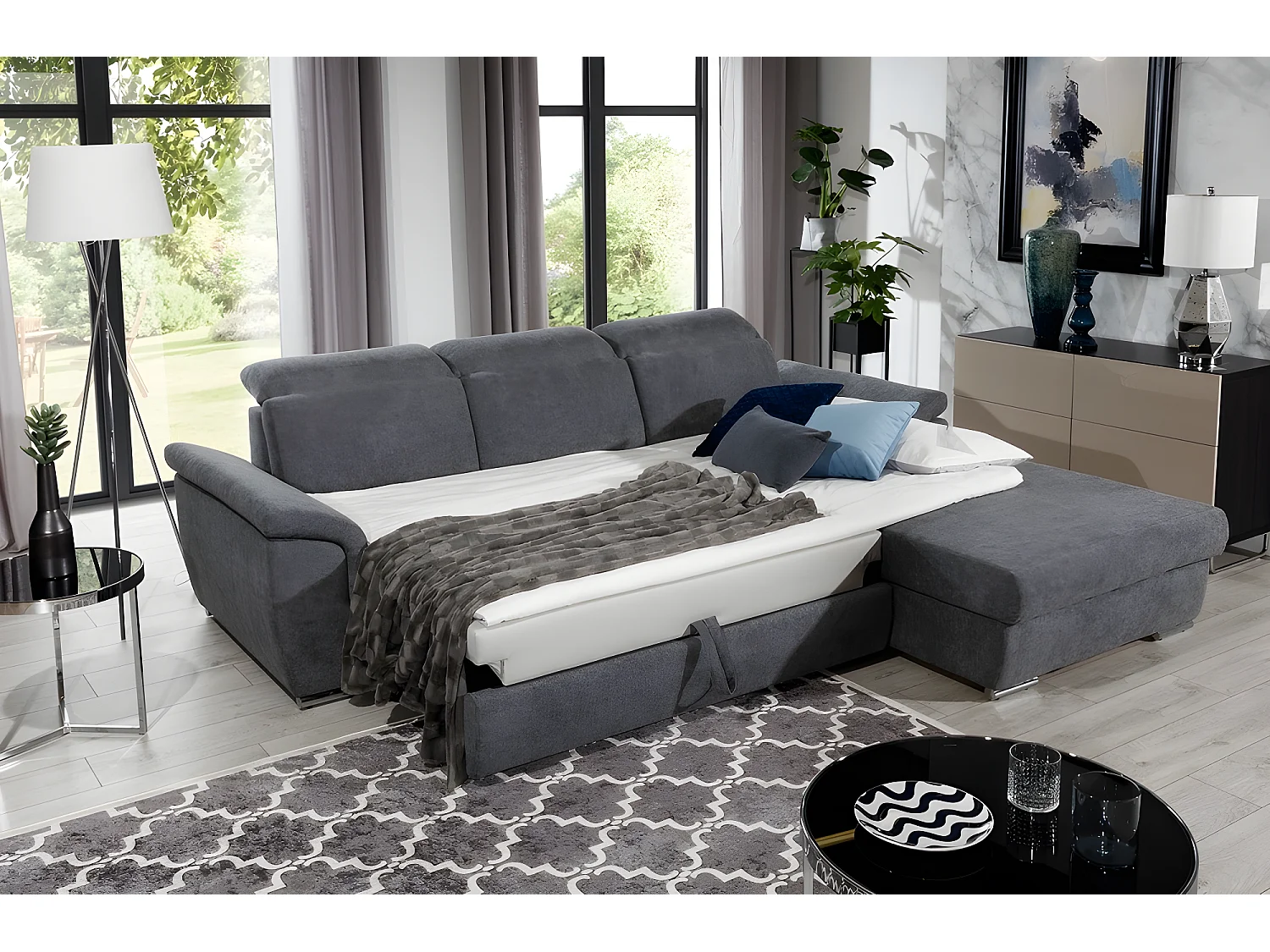 Canapé d'angle convertible en tissu Luxe gris foncé, 5 places, angle droit (vu de face) - TRESOR