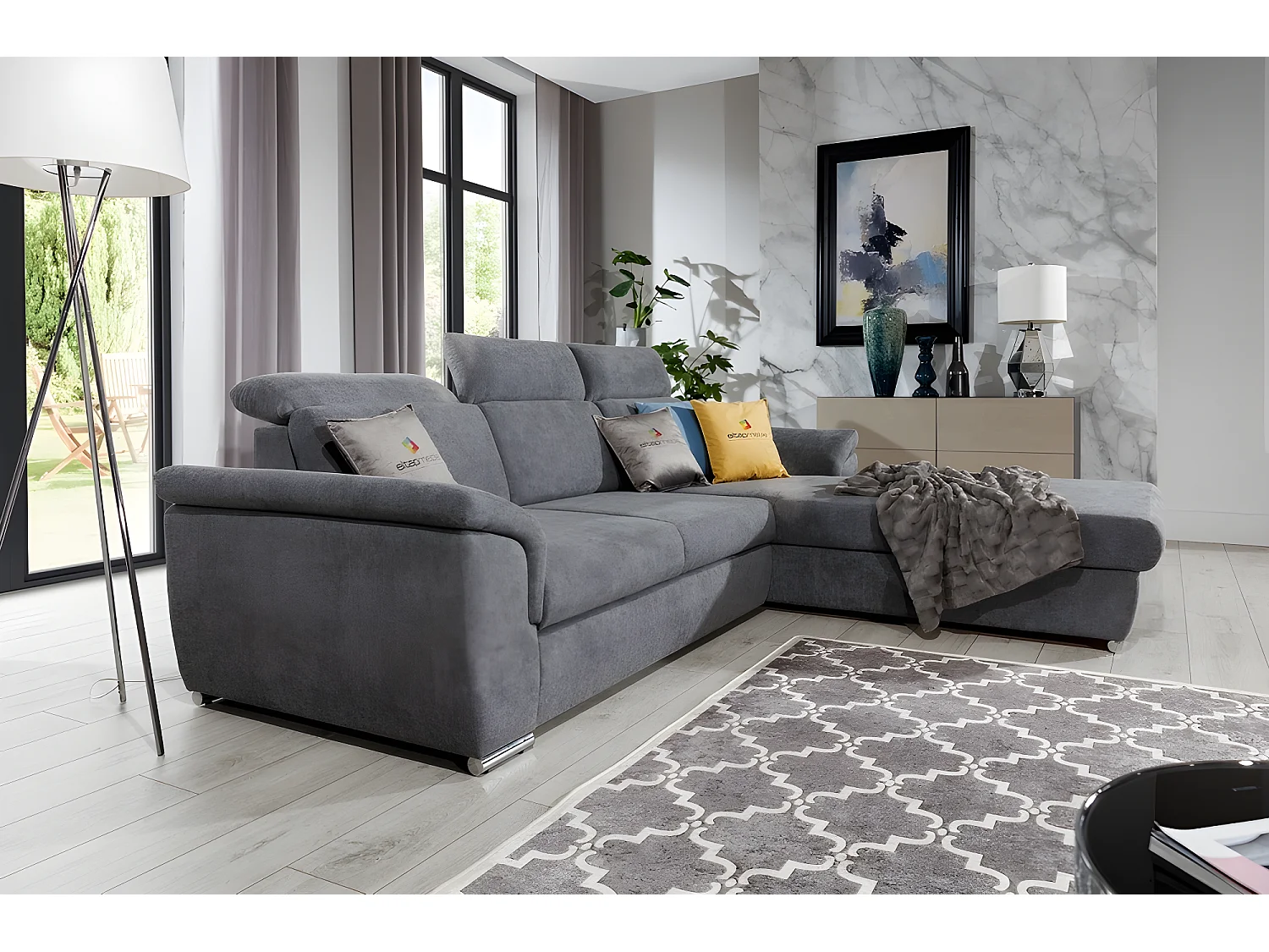 Canapé d'angle convertible en tissu Luxe gris foncé, 5 places, angle droit (vu de face) - TRESOR