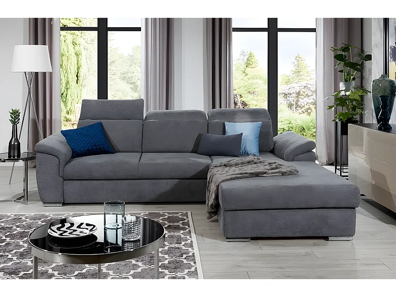 Canapé d'angle convertible en tissu Luxe gris foncé, 5 places, angle droit (vu de face) - TRESOR