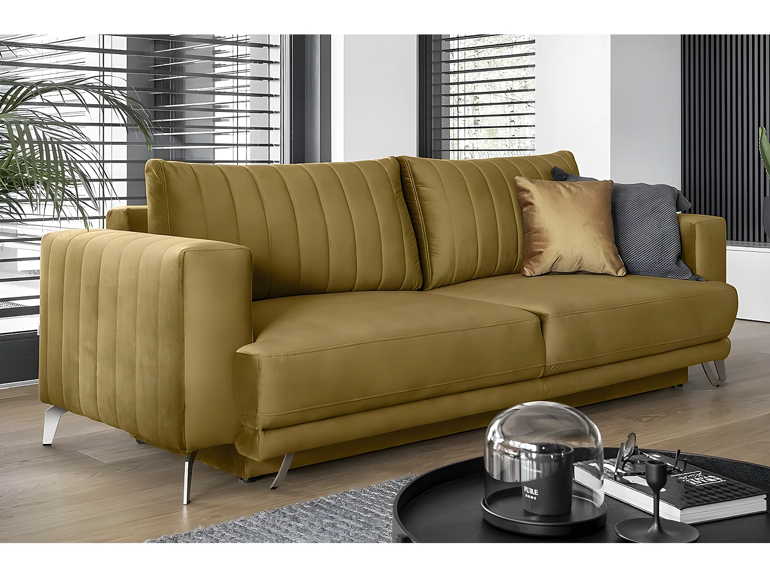 Canapé 3/4 places convertible et espace de rangement - moutarde - en tissu de qualité luxe, ELSA