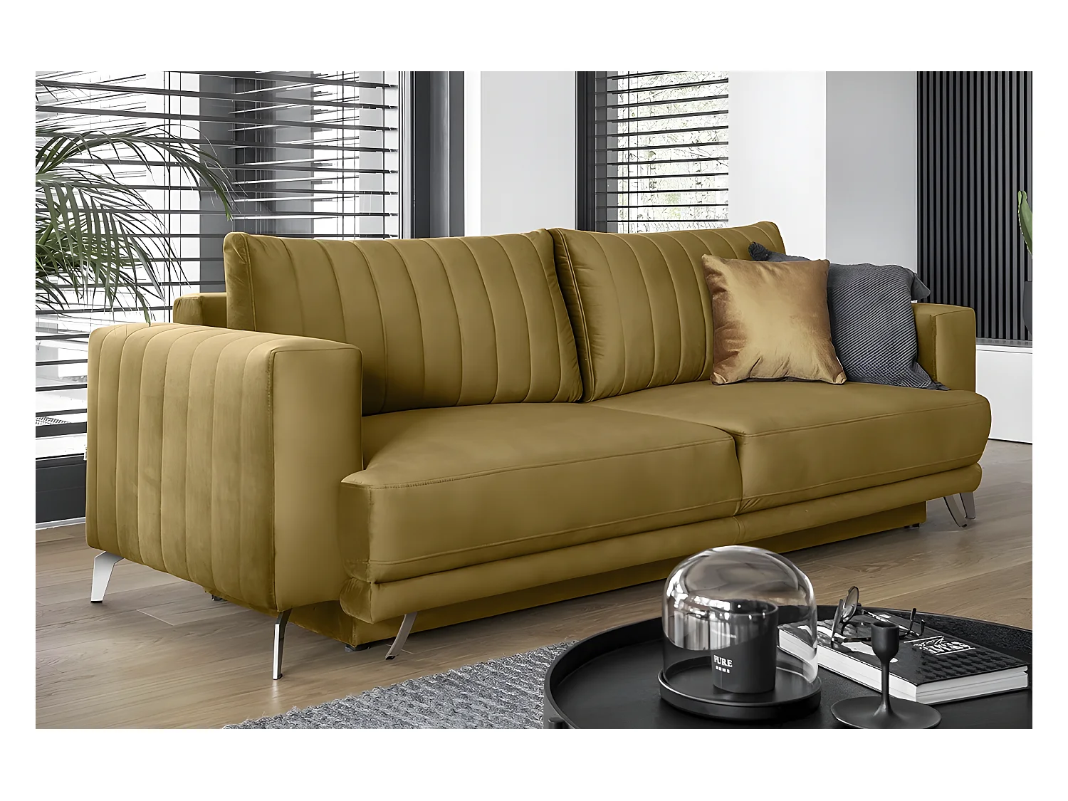 Canapé 3/4 places convertible et espace de rangement - moutarde - en tissu de qualité luxe, ELSA