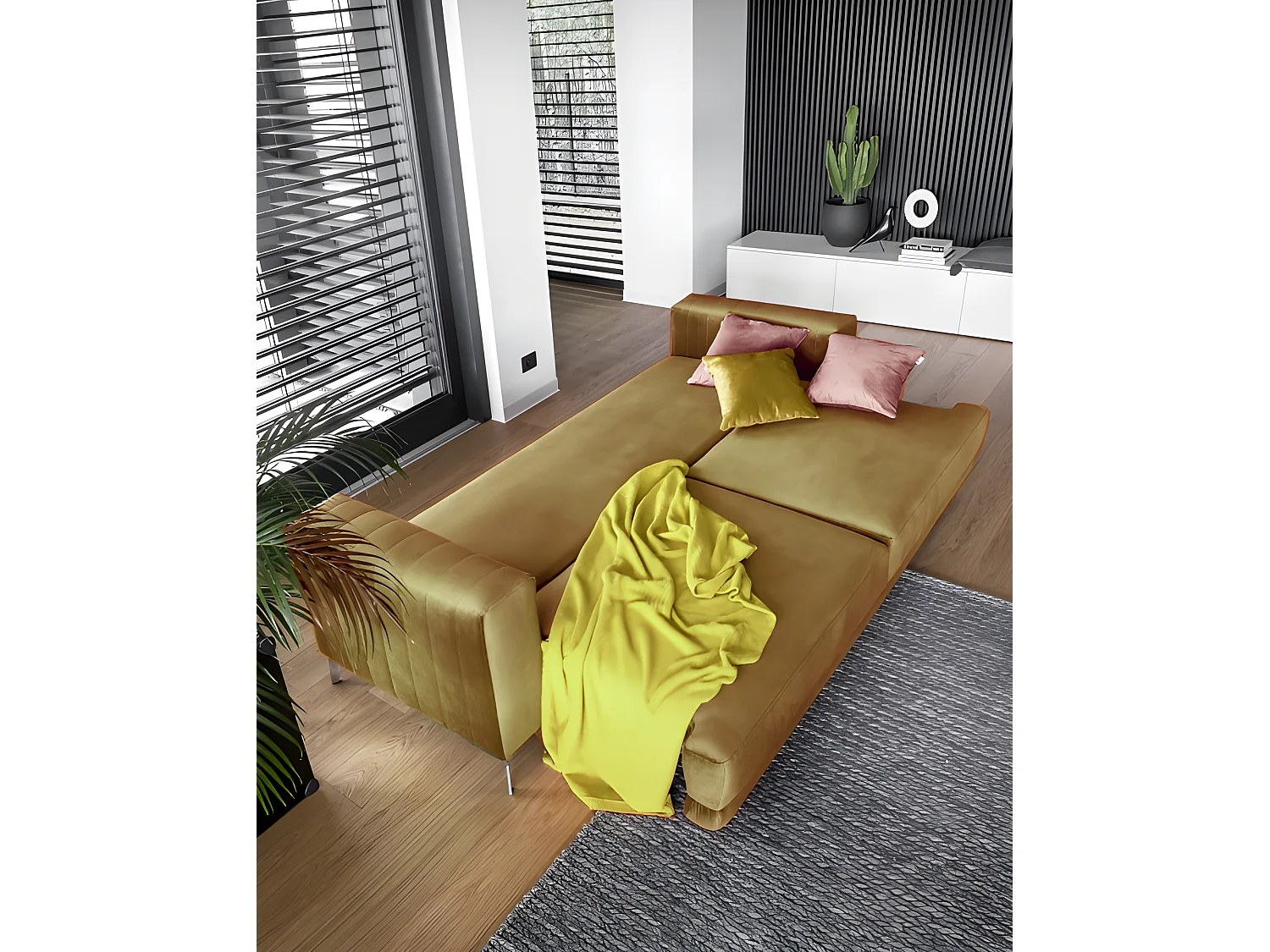 Canapé 3/4 places convertible et espace de rangement - moutarde - en tissu de qualité luxe, ELSA