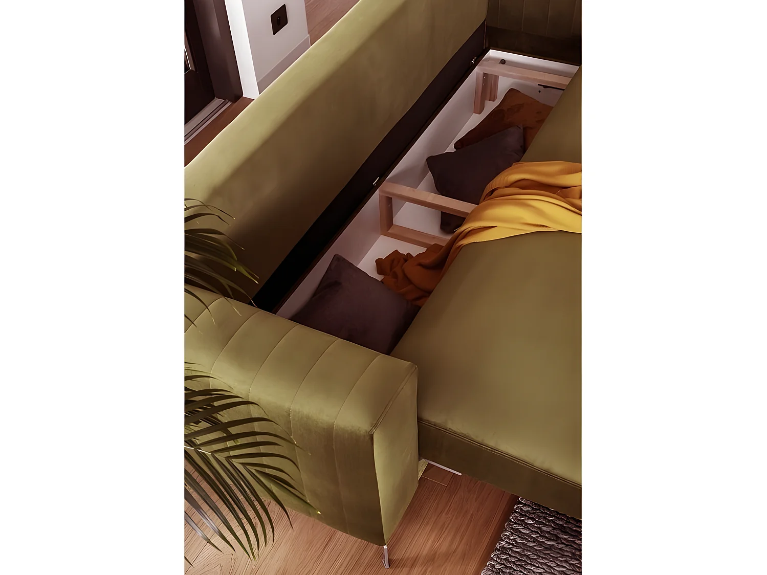 Canapé 3/4 places convertible et espace de rangement - moutarde - en tissu de qualité luxe, ELSA