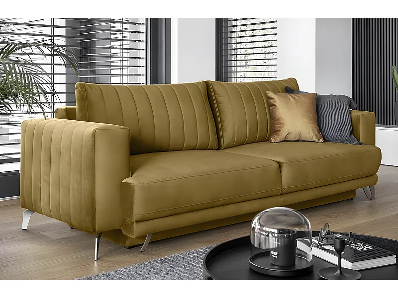 Canapé 3/4 places convertible et espace de rangement - moutarde - en tissu de qualité luxe, ELSA