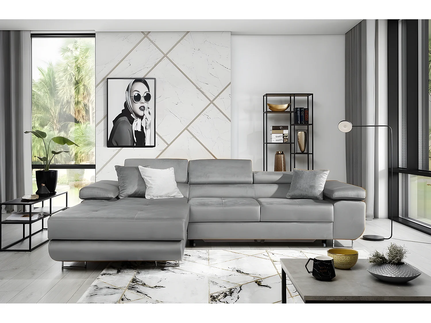 Canapé d'angle convertible ARMEL en tissu luxe 5 places, couleur gris, avec coffre, angle gauche (vu de face)