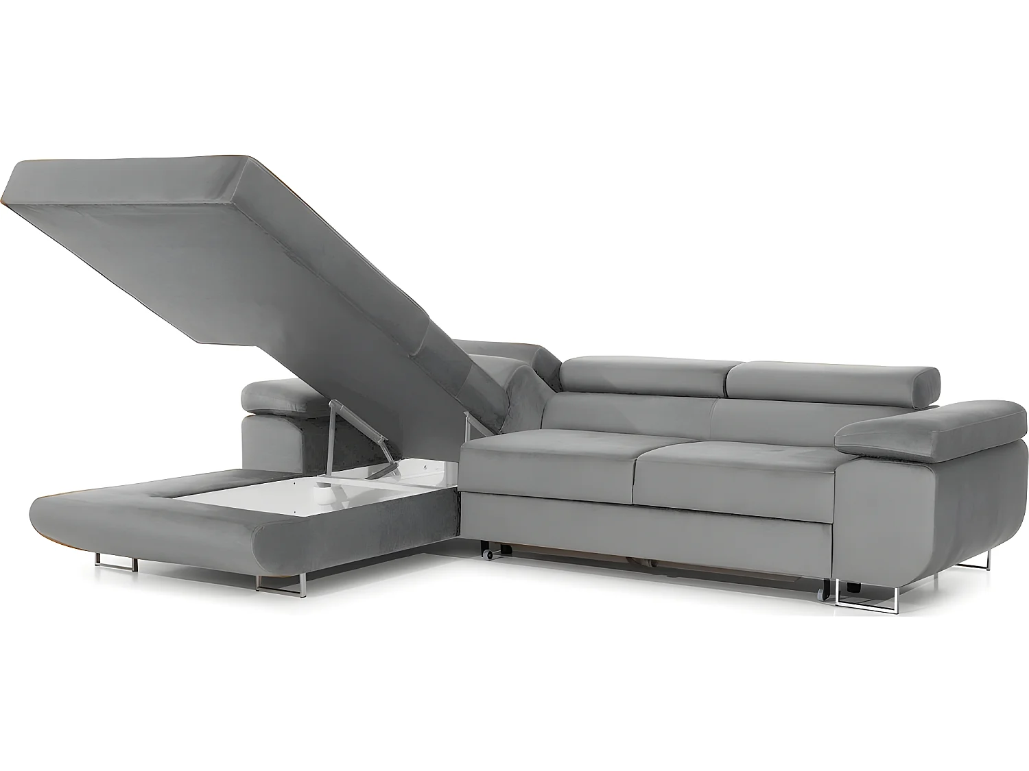 Canapé d'angle convertible ARMEL en tissu luxe 5 places, couleur gris, avec coffre, angle gauche (vu de face)