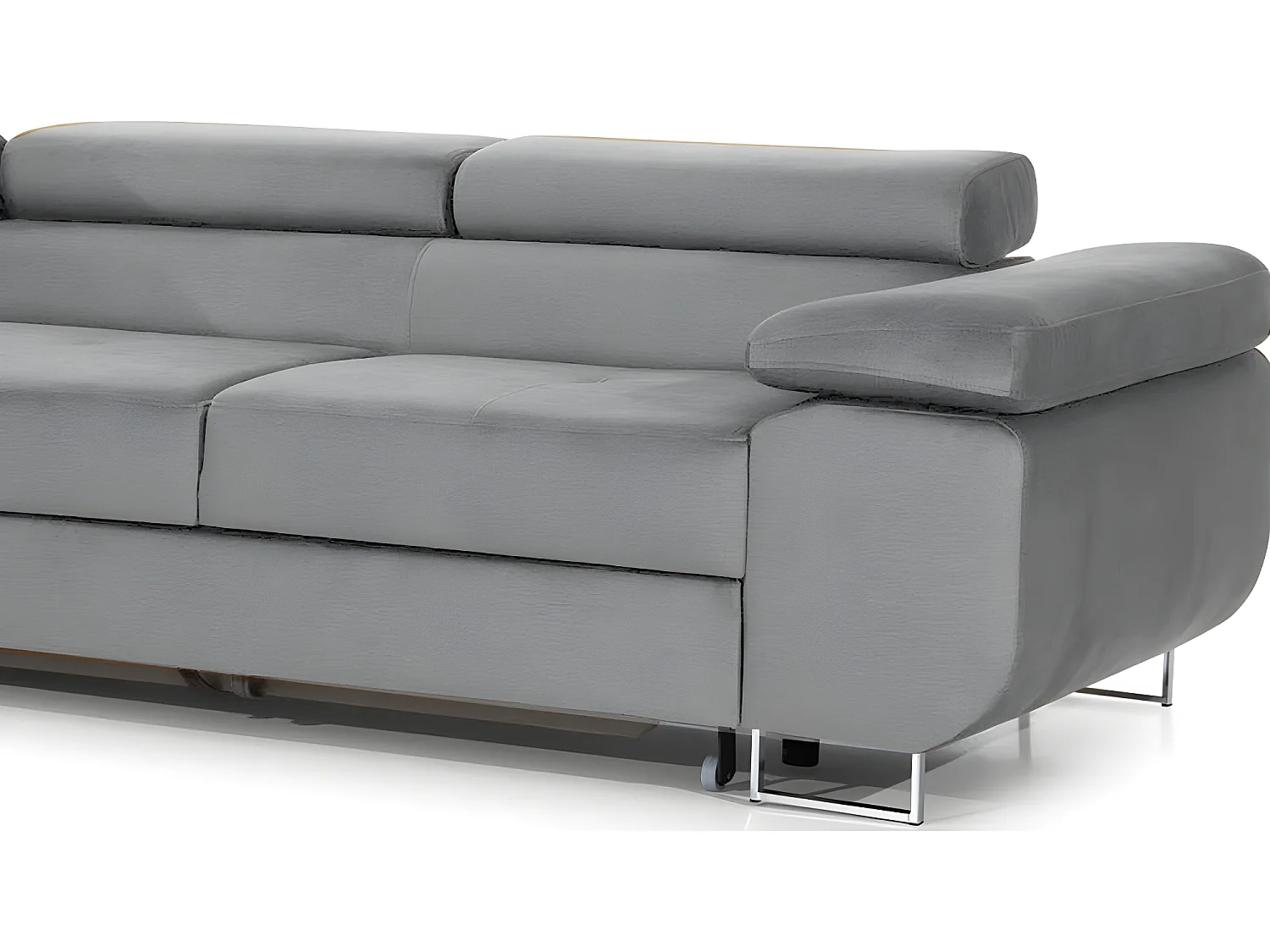 Canapé d'angle convertible ARMEL en tissu luxe 5 places, couleur gris, avec coffre, angle gauche (vu de face)