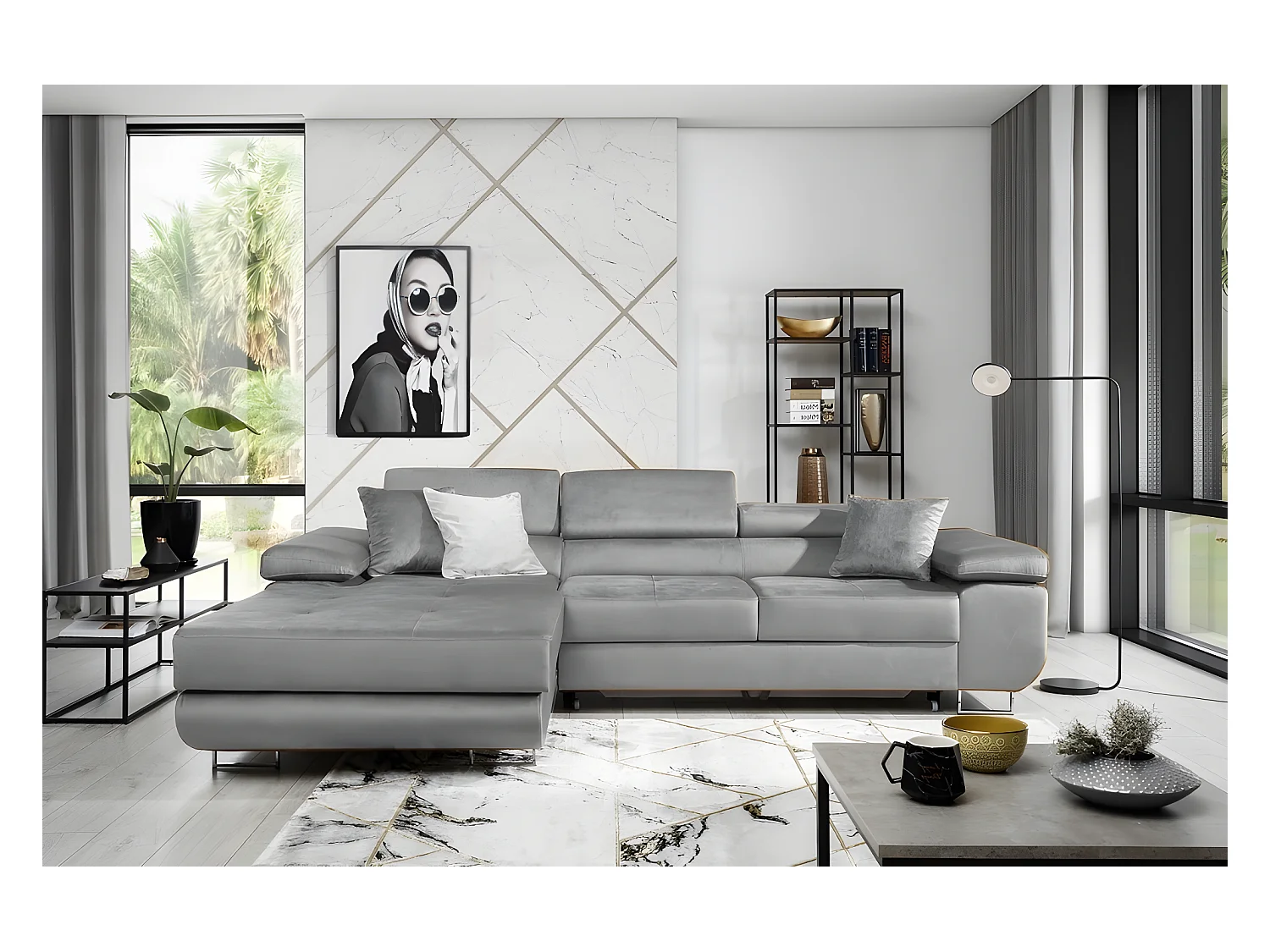 Canapé d'angle convertible ARMEL en tissu luxe 5 places, couleur gris, avec coffre, angle gauche (vu de face)