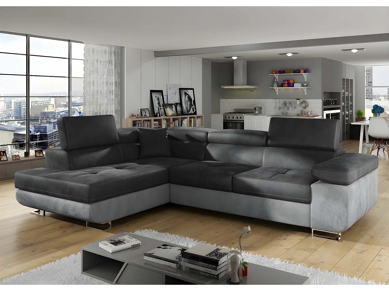 Canapé d'angle convertible en tissu luxe 5 places, avec coffre, gris foncé / gris clair, angle gauche (vu de face), ANNECY VELOURS