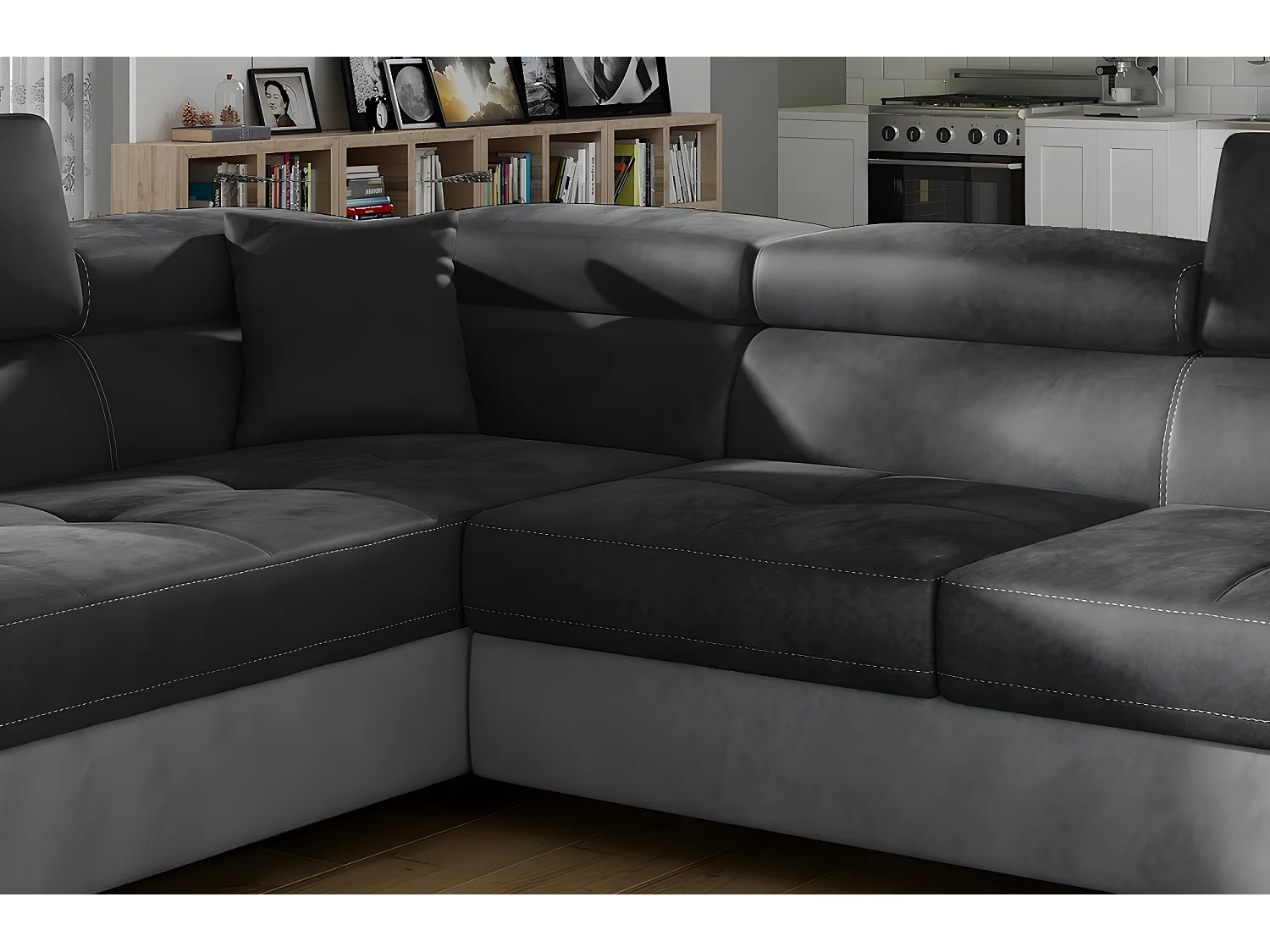 Canapé d'angle convertible en tissu luxe 5 places, avec coffre, gris foncé / gris clair, angle gauche (vu de face), ANNECY VELOURS