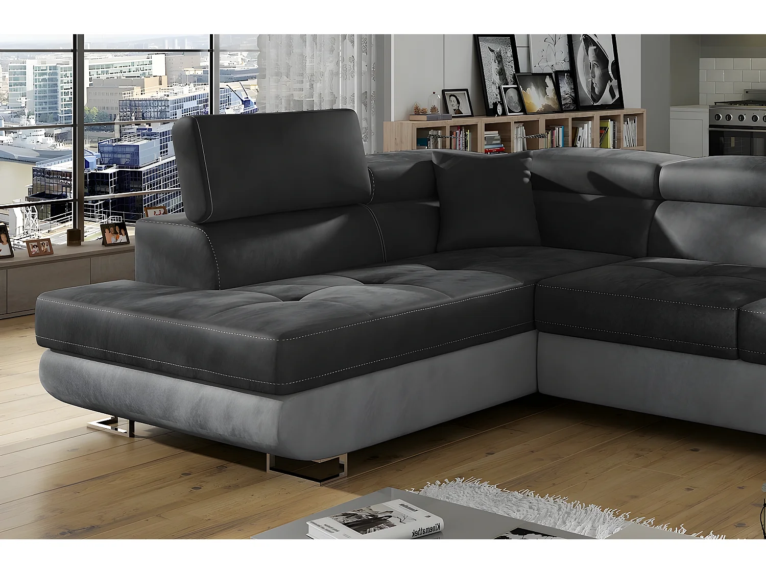 Canapé d'angle convertible en tissu luxe 5 places, avec coffre, gris foncé / gris clair, angle gauche (vu de face), ANNECY VELOURS