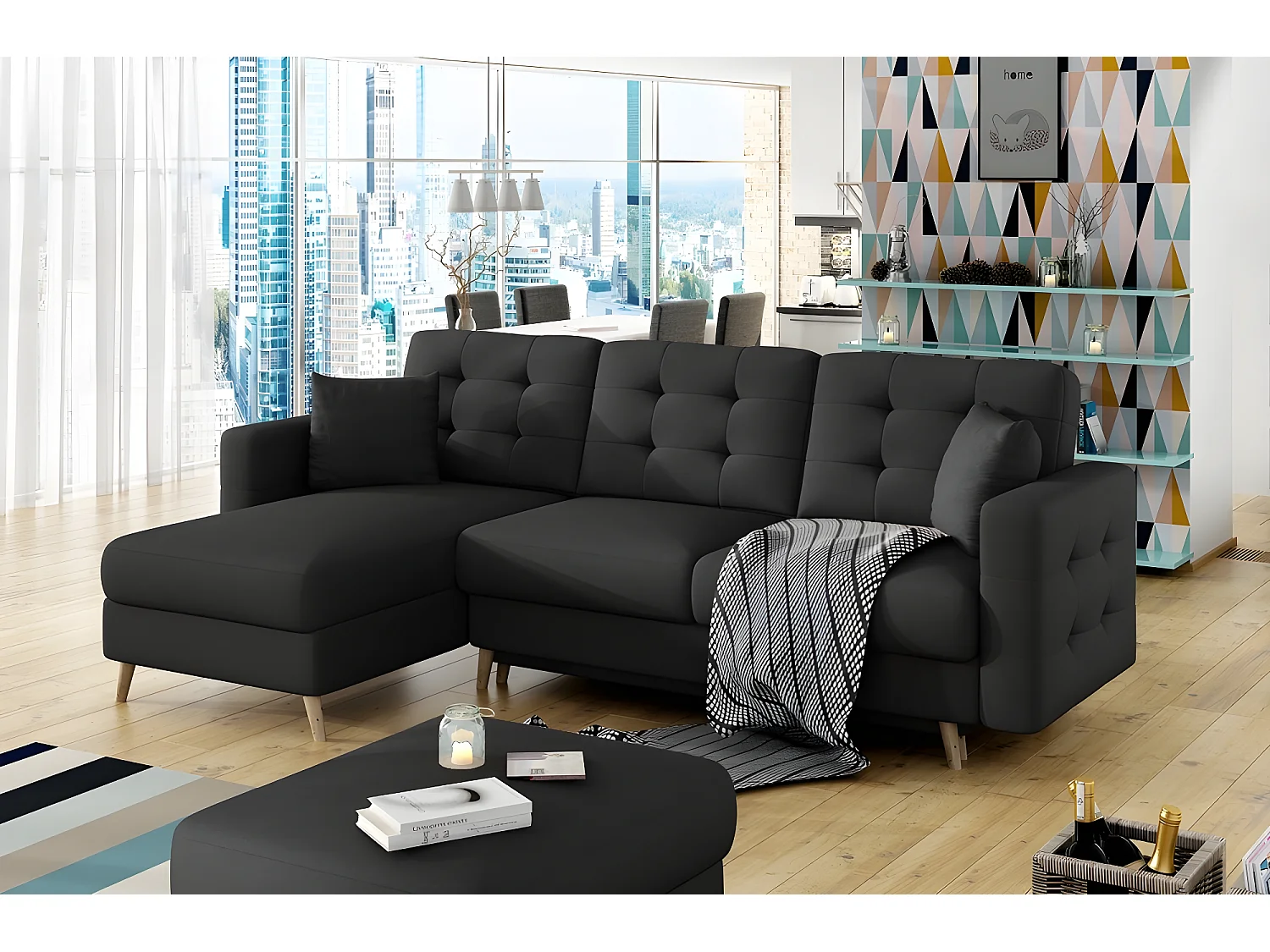 Canapé d'angle convertible ASSIA - en tissu de qualité 5 places, gris foncé, angle gauche (vu de face)