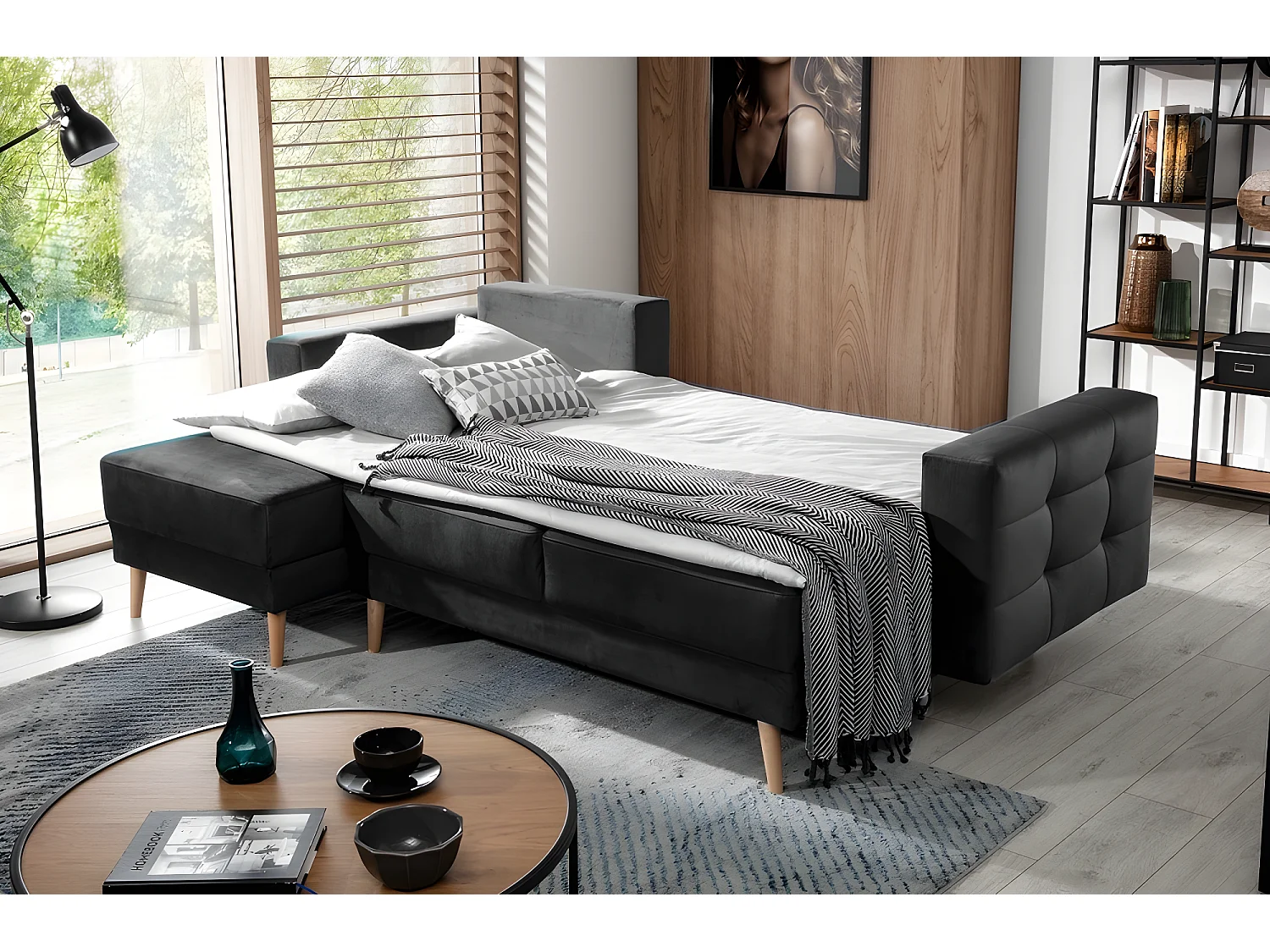 Canapé d'angle convertible ASSIA - en tissu de qualité 5 places, gris foncé, angle gauche (vu de face)