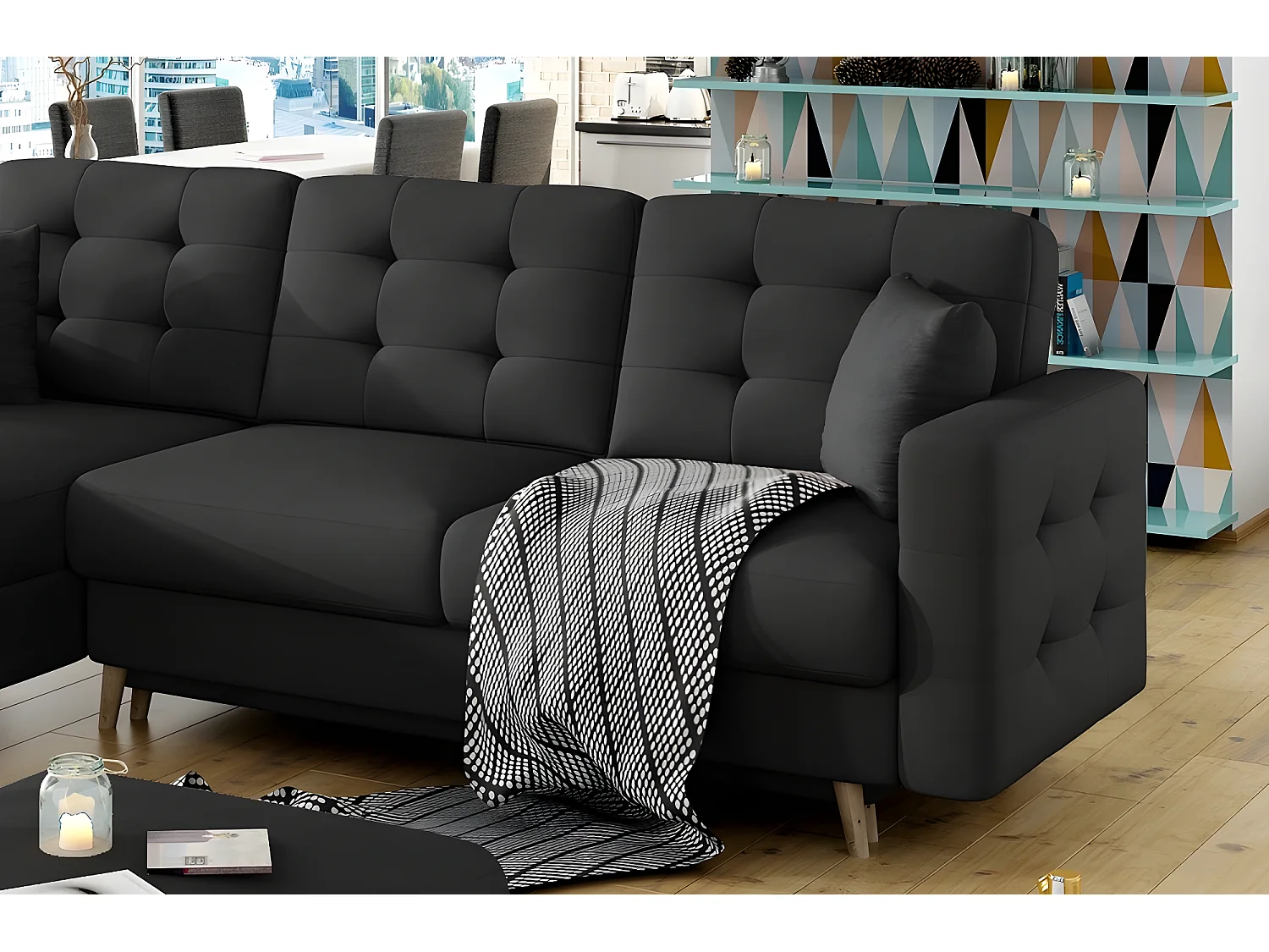 Canapé d'angle convertible ASSIA - en tissu de qualité 5 places, gris foncé, angle gauche (vu de face)