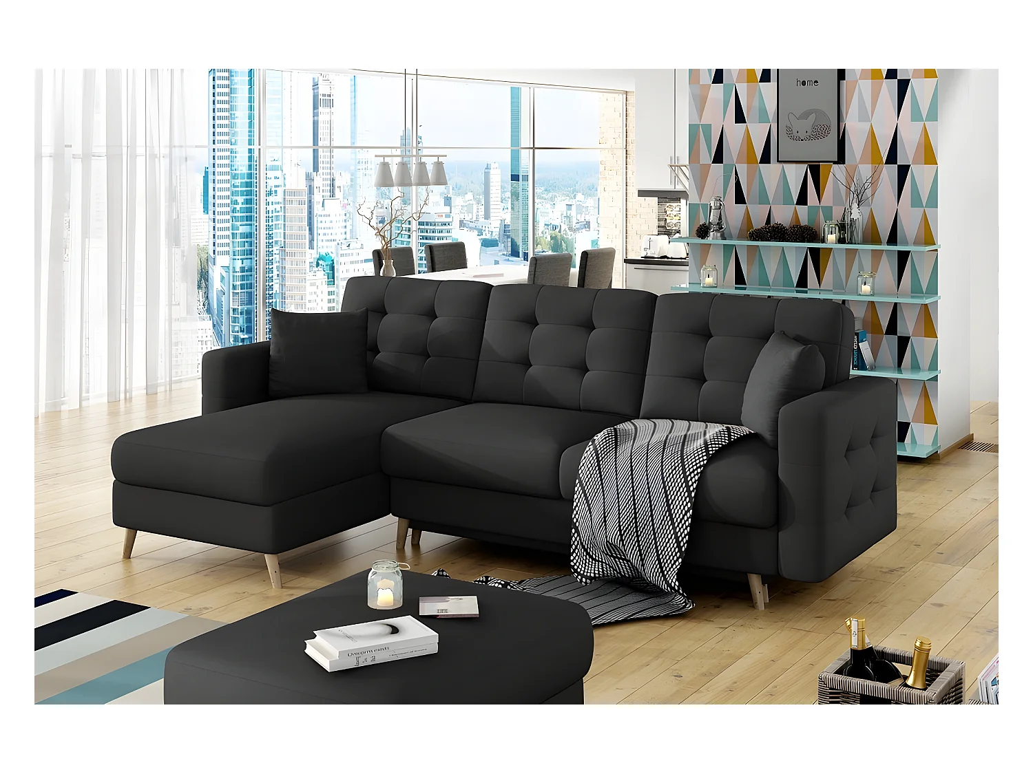 Canapé d'angle convertible ASSIA - en tissu de qualité 5 places, gris foncé, angle gauche (vu de face)