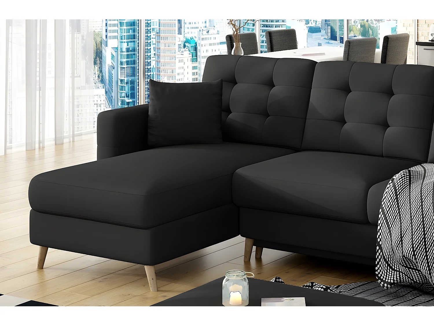 Canapé d'angle convertible ASSIA - en tissu de qualité 5 places, gris foncé, angle gauche (vu de face)