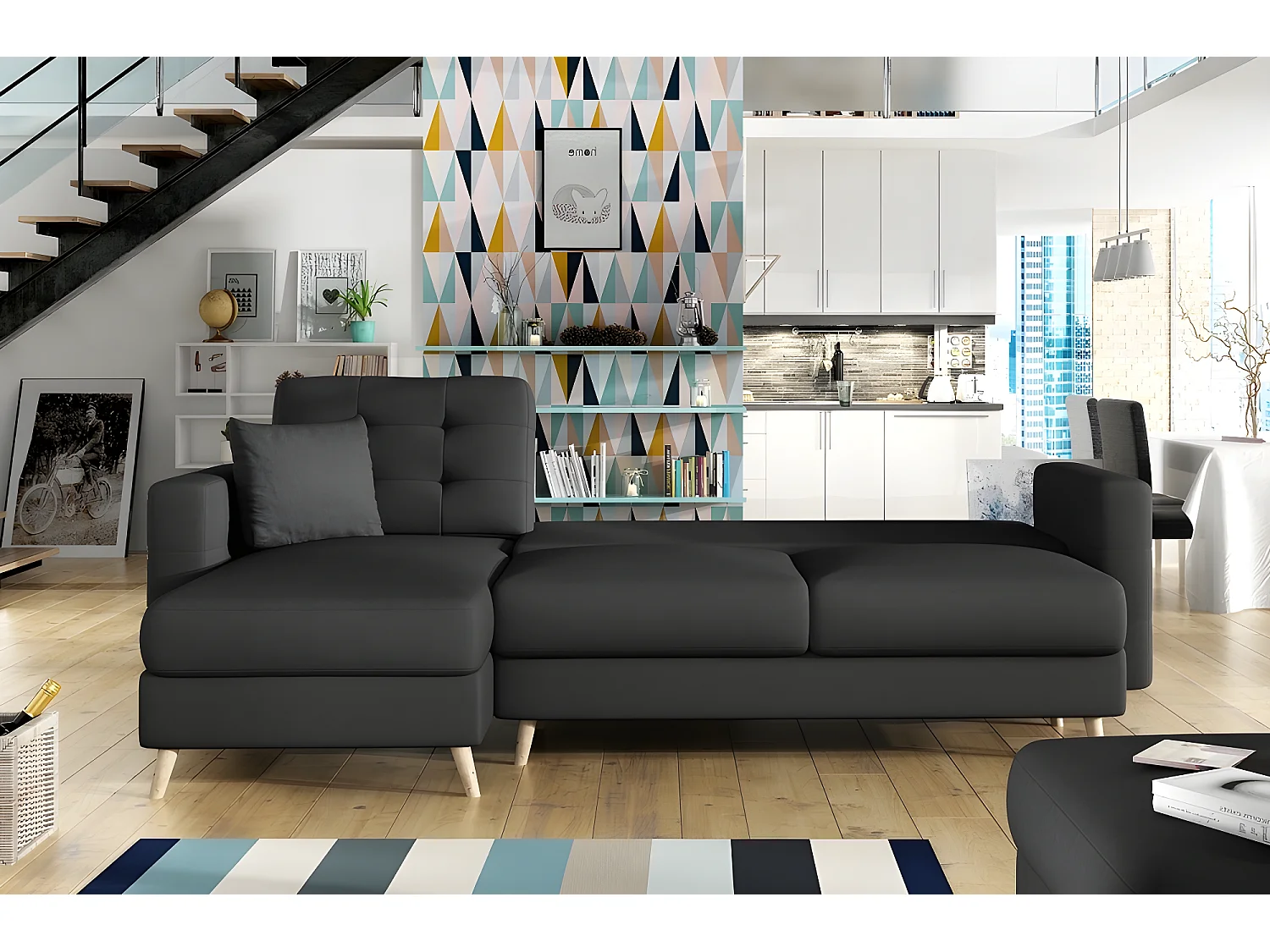 Canapé d'angle convertible ASSIA - en tissu de qualité 5 places, gris foncé, angle gauche (vu de face)