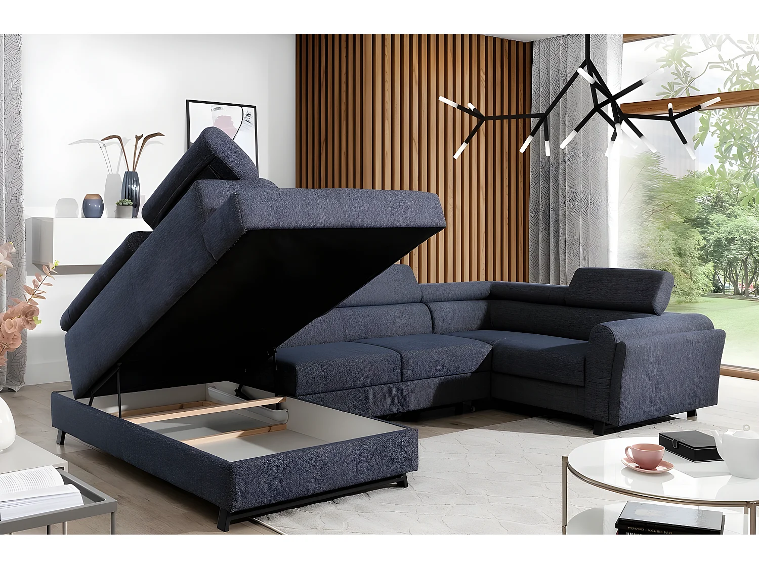 Canapé panoramique convertible - ESTEVE - en tissu prestige luxe gris,  7 places, partie sans accoudoir à gauche (vu de face)