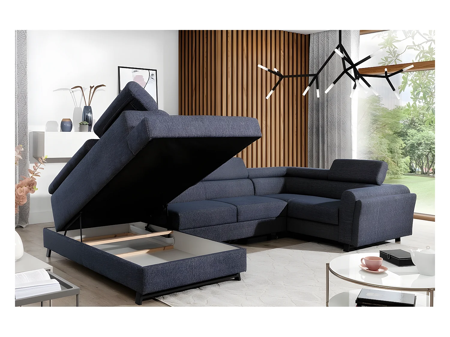 Canapé panoramique convertible - ESTEVE - en tissu prestige luxe gris,  7 places, partie sans accoudoir à gauche (vu de face)