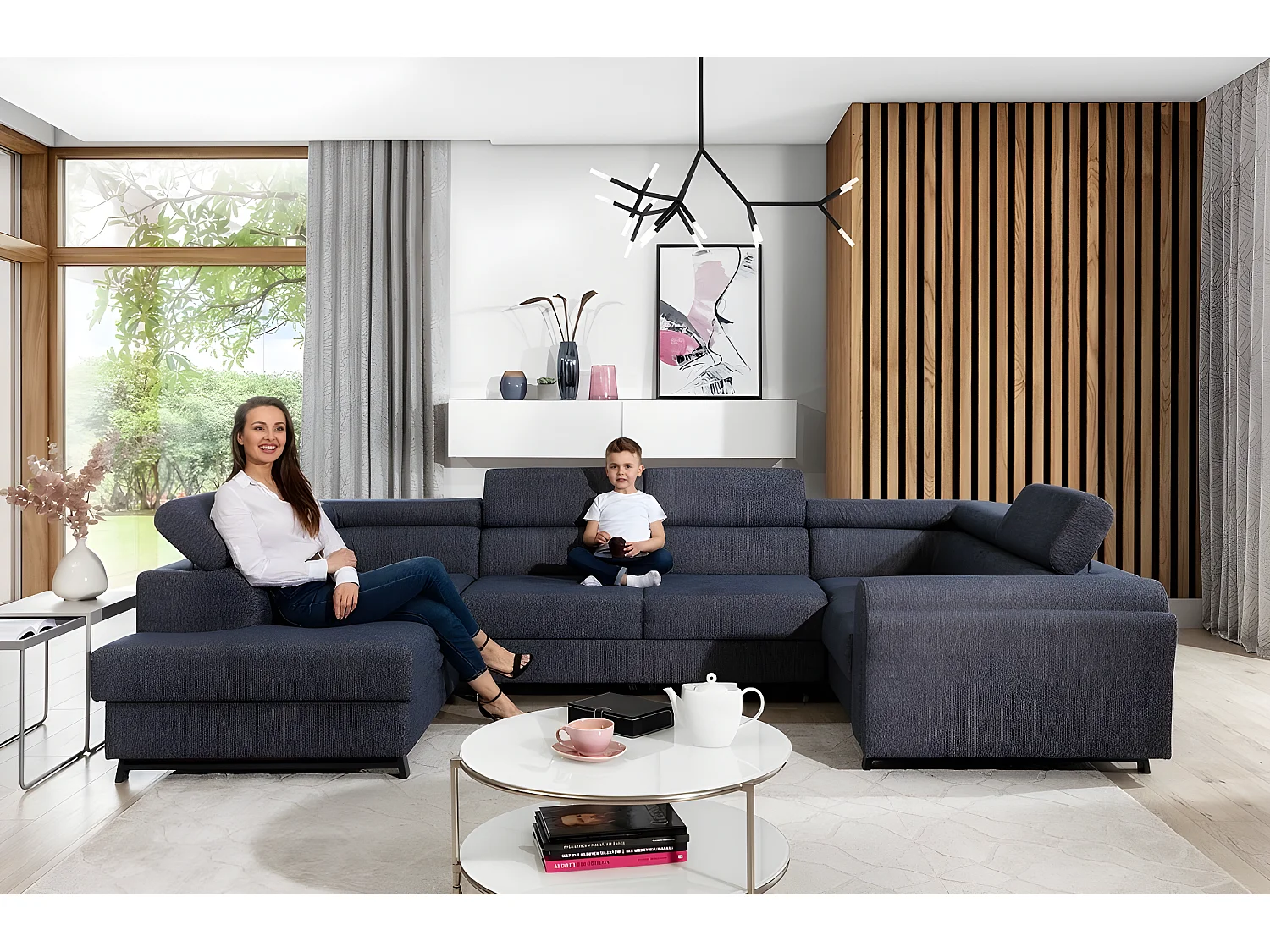 Canapé panoramique convertible - ESTEVE - en tissu prestige luxe gris,  7 places, partie sans accoudoir à gauche (vu de face)