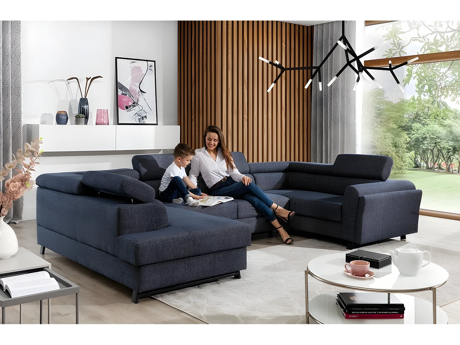 Canapé panoramique convertible - ESTEVE - en tissu prestige luxe gris,  7 places, partie sans accoudoir à gauche (vu de face)