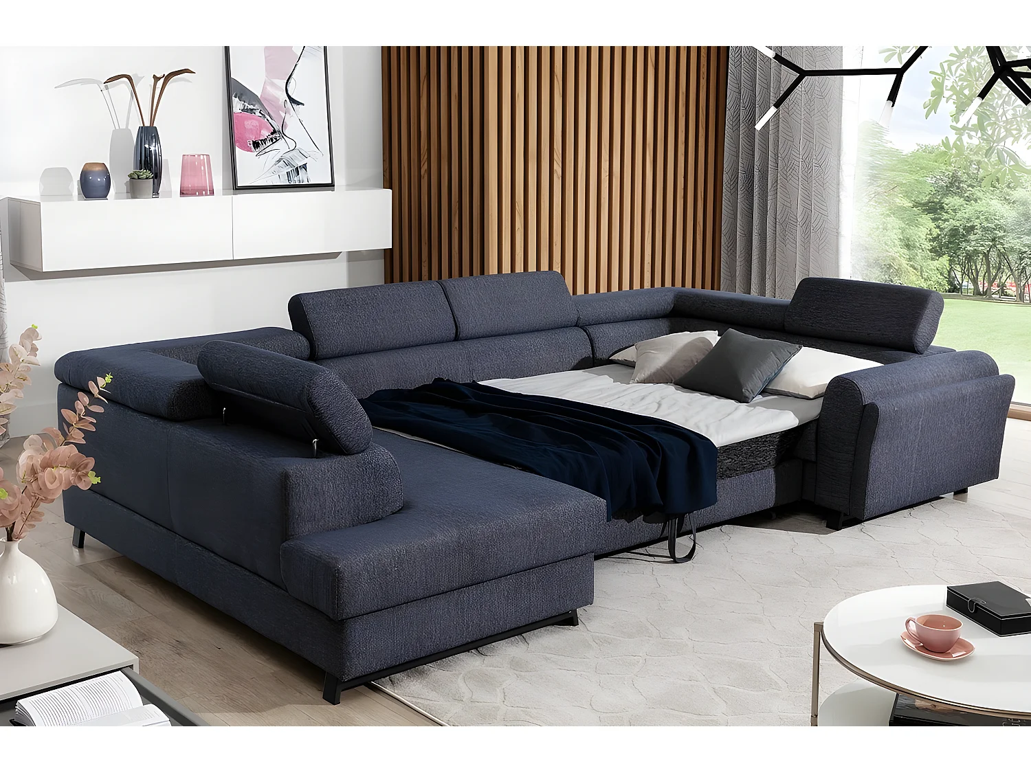 Canapé panoramique convertible - ESTEVE - en tissu prestige luxe gris,  7 places, partie sans accoudoir à gauche (vu de face)