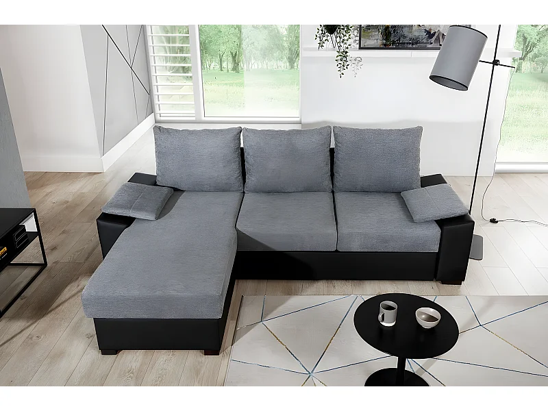 Canapé d'angle convertible, en tissu gris et simili noir - angle gauche (vu de face) - LUCAS