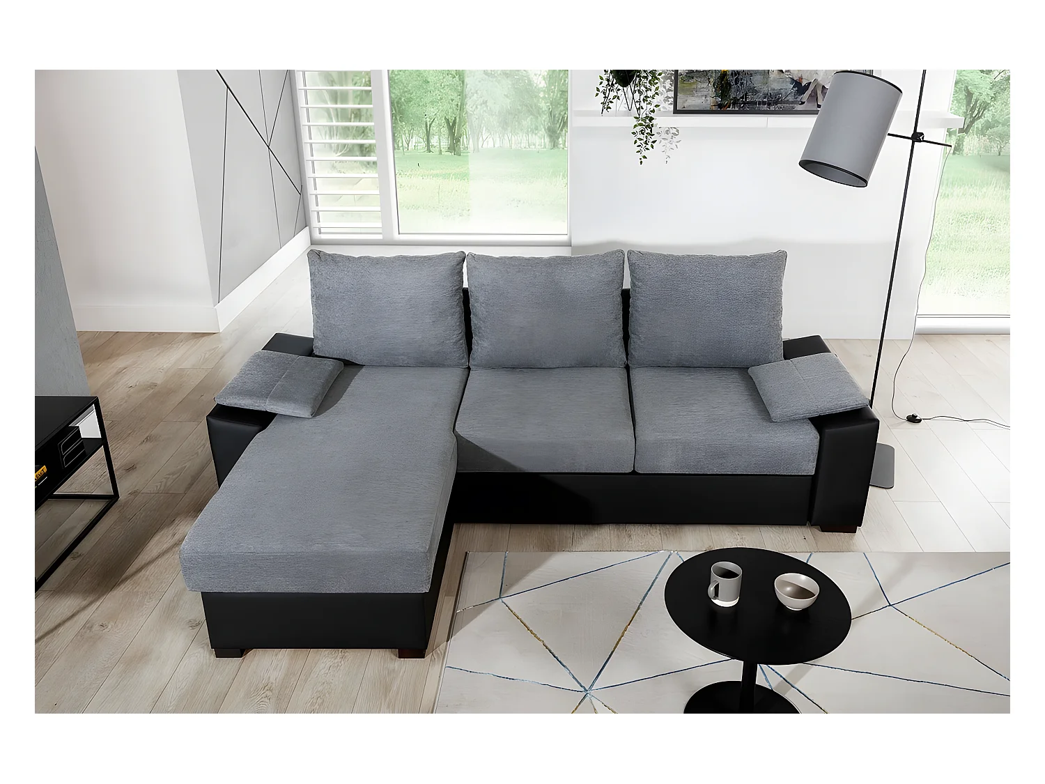 Canapé d'angle convertible, en tissu gris et simili noir - angle gauche (vu de face) - LUCAS