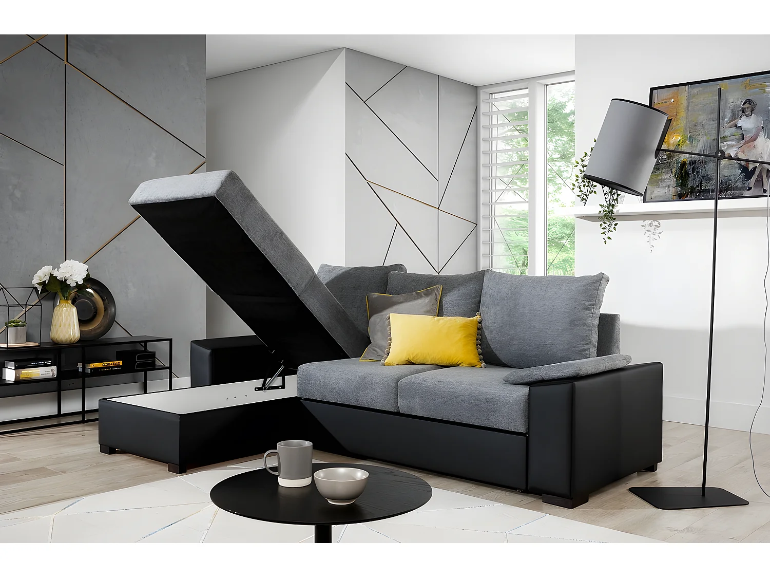 Canapé d'angle convertible, en tissu gris et simili noir - angle gauche (vu de face) - LUCAS