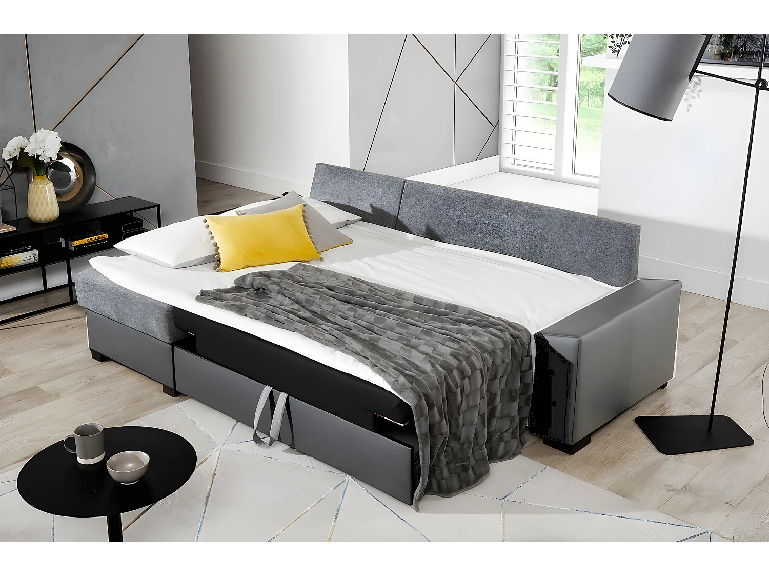 Canapé d'angle convertible, en tissu gris et simili noir - angle gauche (vu de face) - LUCAS