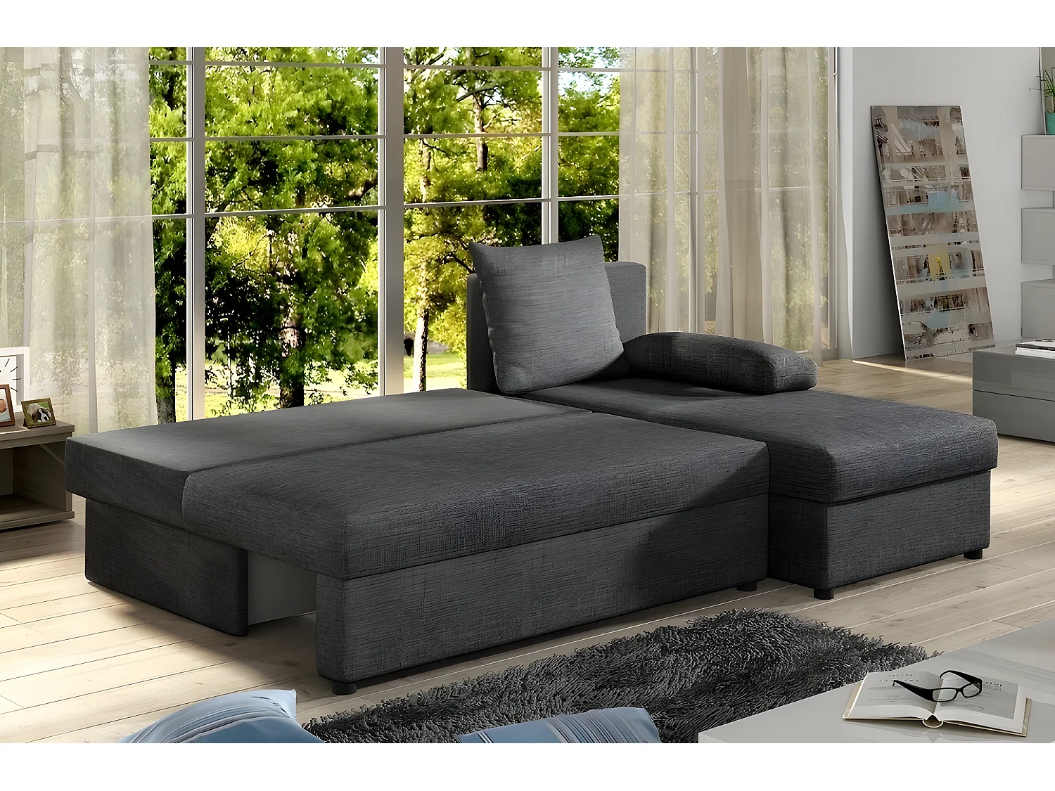 Canapé d'angle convertible - GILO - en tissu luxe 3/4 places, gris foncé, angle droit (vu de face)