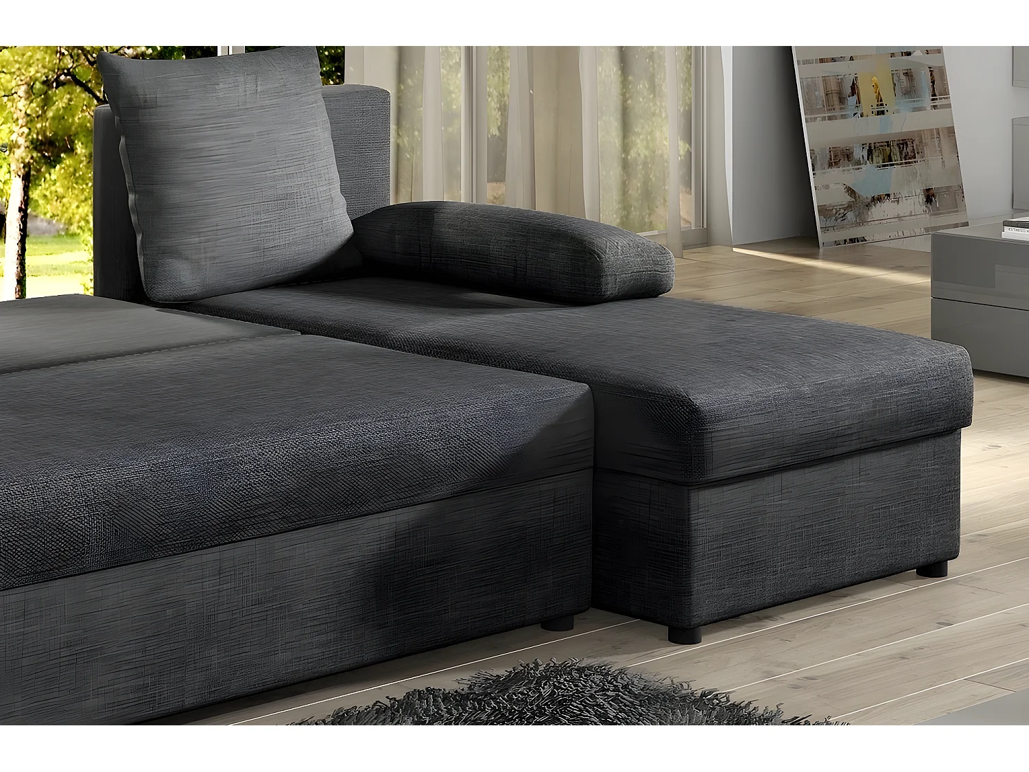 Canapé d'angle convertible - GILO - en tissu luxe 3/4 places, gris foncé, angle droit (vu de face)