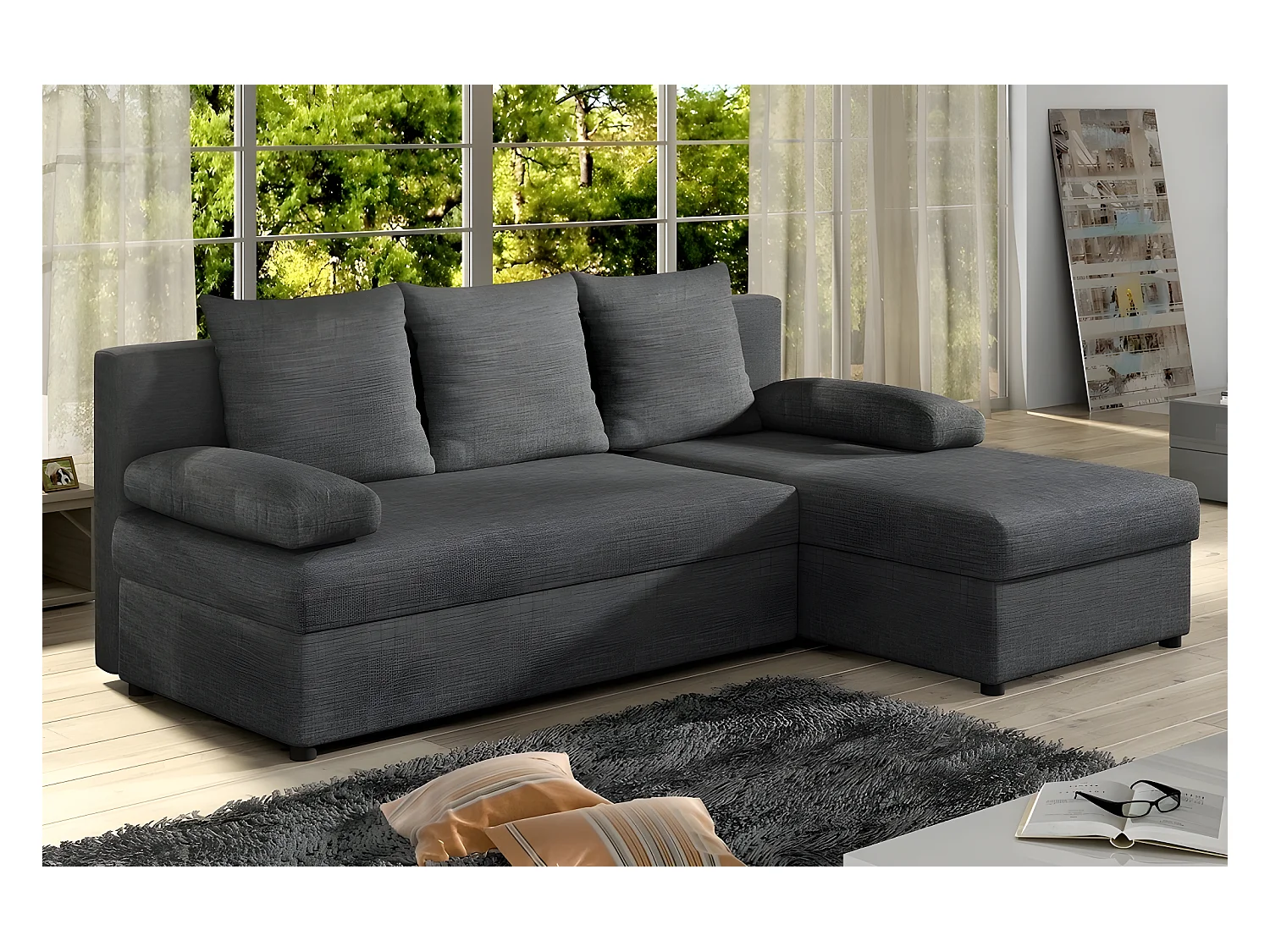 Canapé d'angle convertible - GILO - en tissu luxe 3/4 places, gris foncé, angle droit (vu de face)
