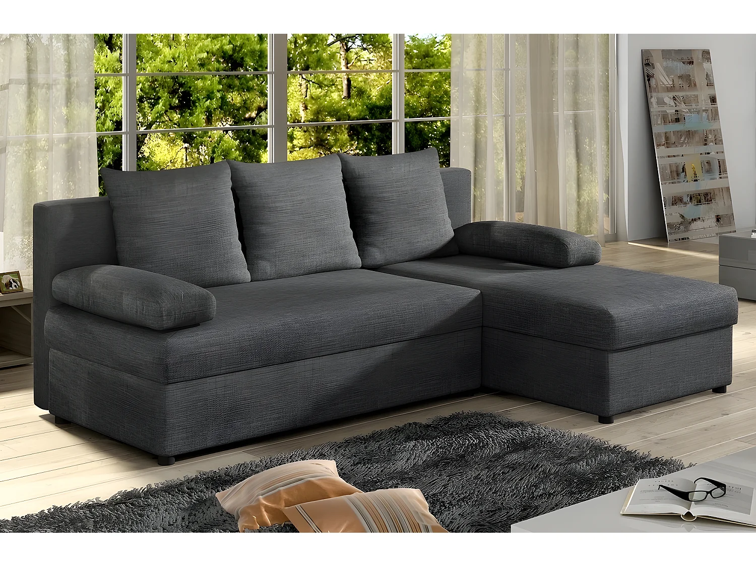 Canapé d'angle convertible - GILO - en tissu luxe 3/4 places, gris foncé, angle droit (vu de face)