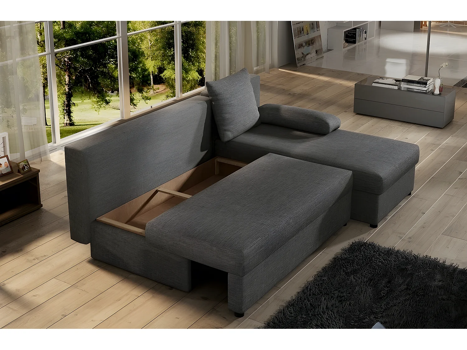 Canapé d'angle convertible - GILO - en tissu luxe 3/4 places, gris foncé, angle droit (vu de face)