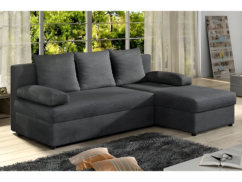 Canapé d'angle convertible - GILO - en tissu luxe 3/4 places, gris foncé, angle droit (vu de face)